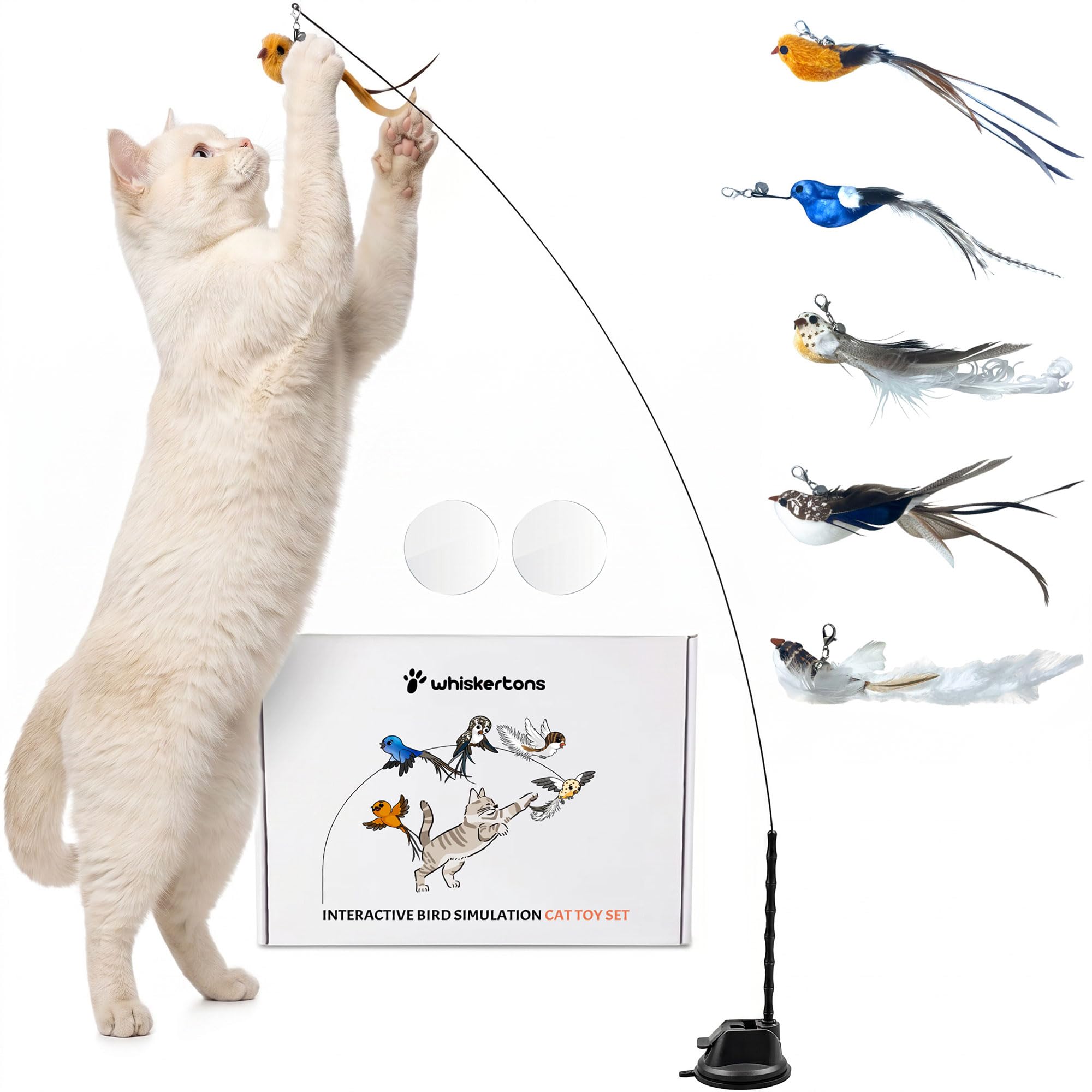 Whiskertons Interactive Bird Simulation Cat Toy Set, Interactive Cat Toys for Indoor Cats, Cat Feather Toy, Self-Holding Suction Base, 5 Replacement Birds, Feathers & Bells, Realistic Bird Impression