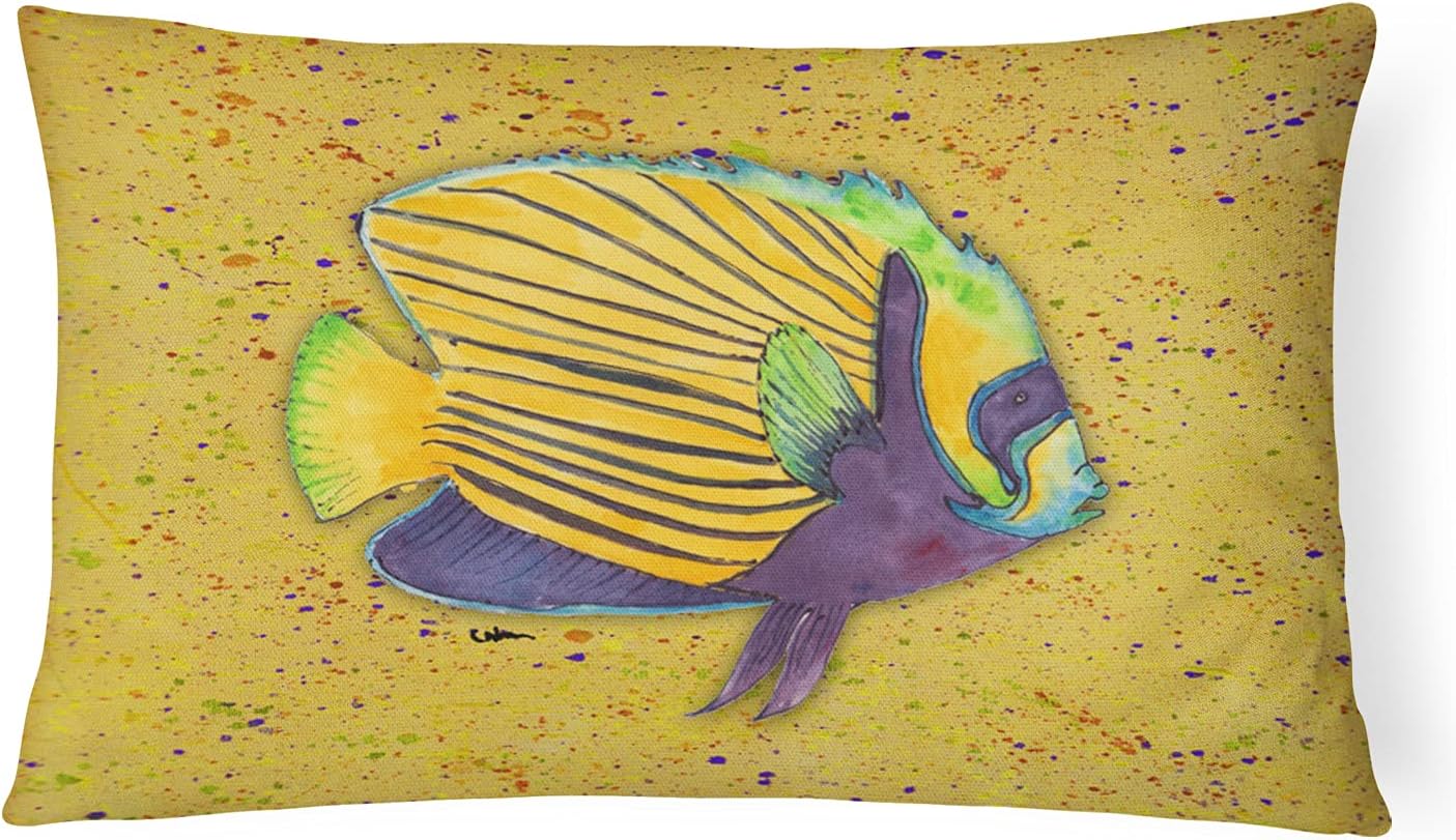 Caroline's Treasures 8577PW1216 Tropical Fish on Mustard Canvas Fabric Decorative Pillow Machine Washable, Indoor Outdoor Decorative Pillow for Couch, Bed or Patio, 12HX16W
