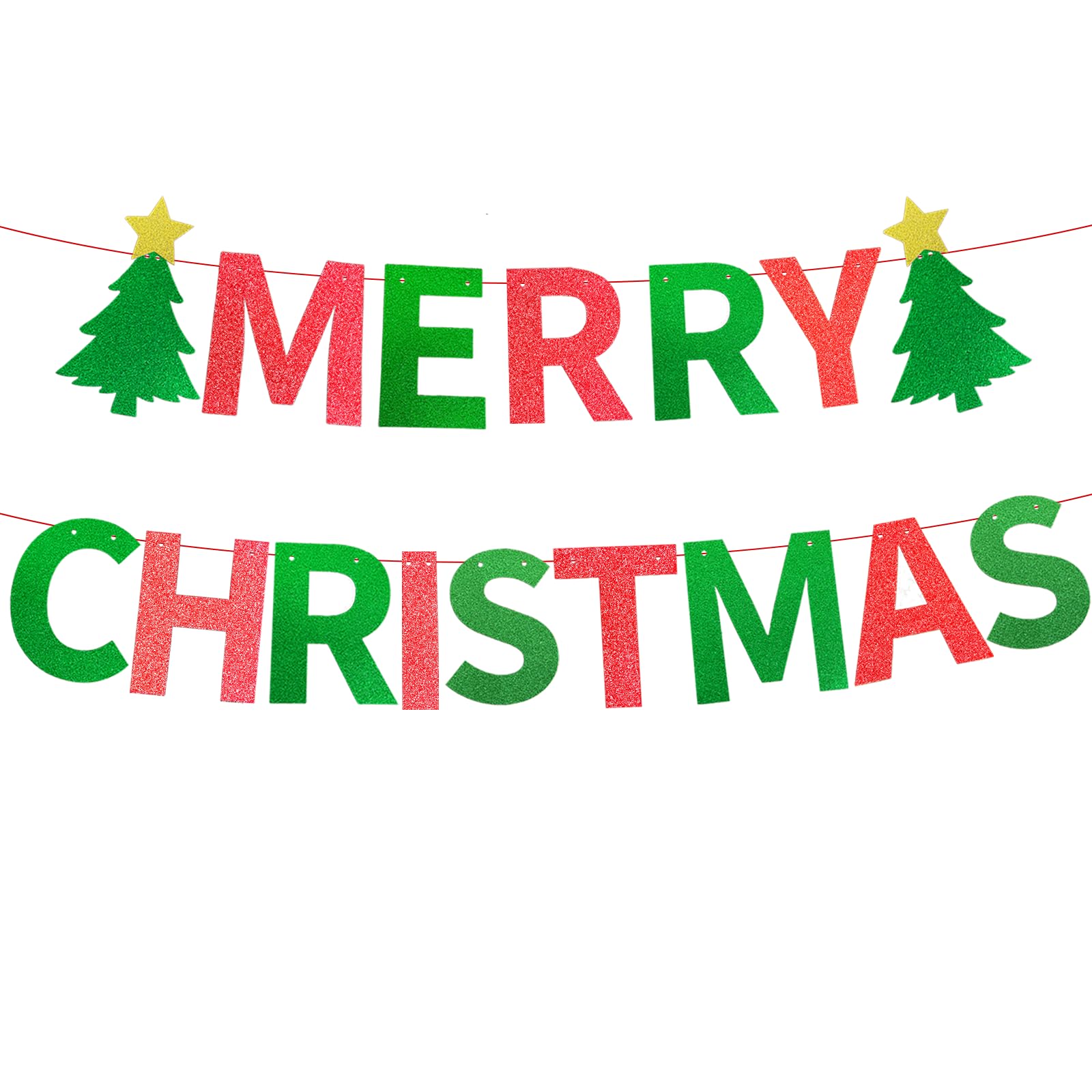 Cartel de fiesta de Feliz Navidad, guirnalda de letras rojas y verdes con purpurina con recortes de árbol de Navidad, divertida decoración para colgar en la pared para vacaciones, oficina, suministros