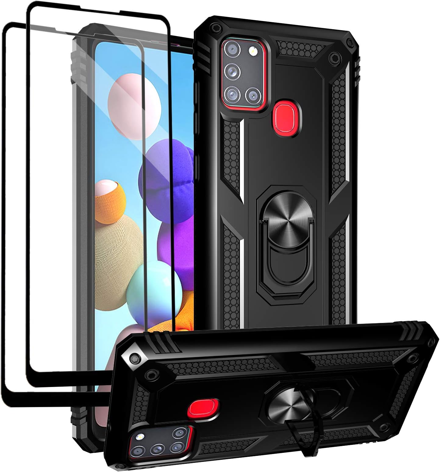 for Samsung Galaxy A21s Case with Tempered Glass Screen Protectors, Military-Grade Metal Ring Kickstand 15ft Drop Tested Shockproof Cover for Samsung Galaxy A21s Black