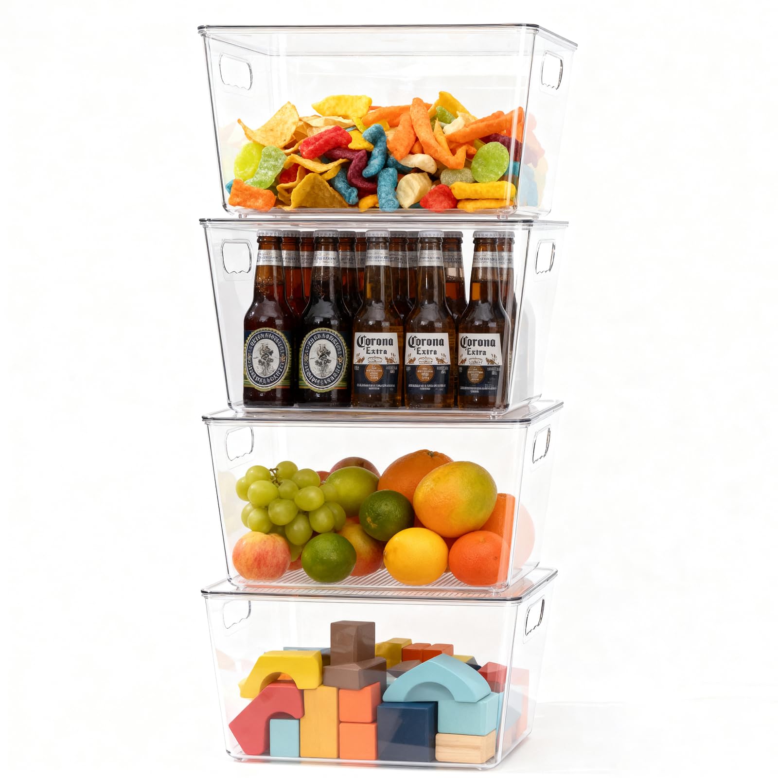 Set di 4 Contenitori per Frigo con Coperchio, Grandi Organizer Cucina Impilabili Trasparenti, Organizer Dispensa Senza BPA, 30x20x15 cm