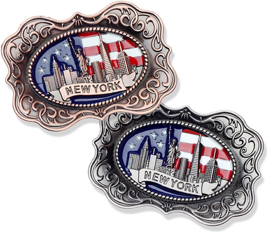 [Set of 2] New York Skyline with US American Flag, Statue of Liberty, Empire State, Chrysler Building & One World Trade Center NY Souvenir Collectible Metal Fridge Magnet
