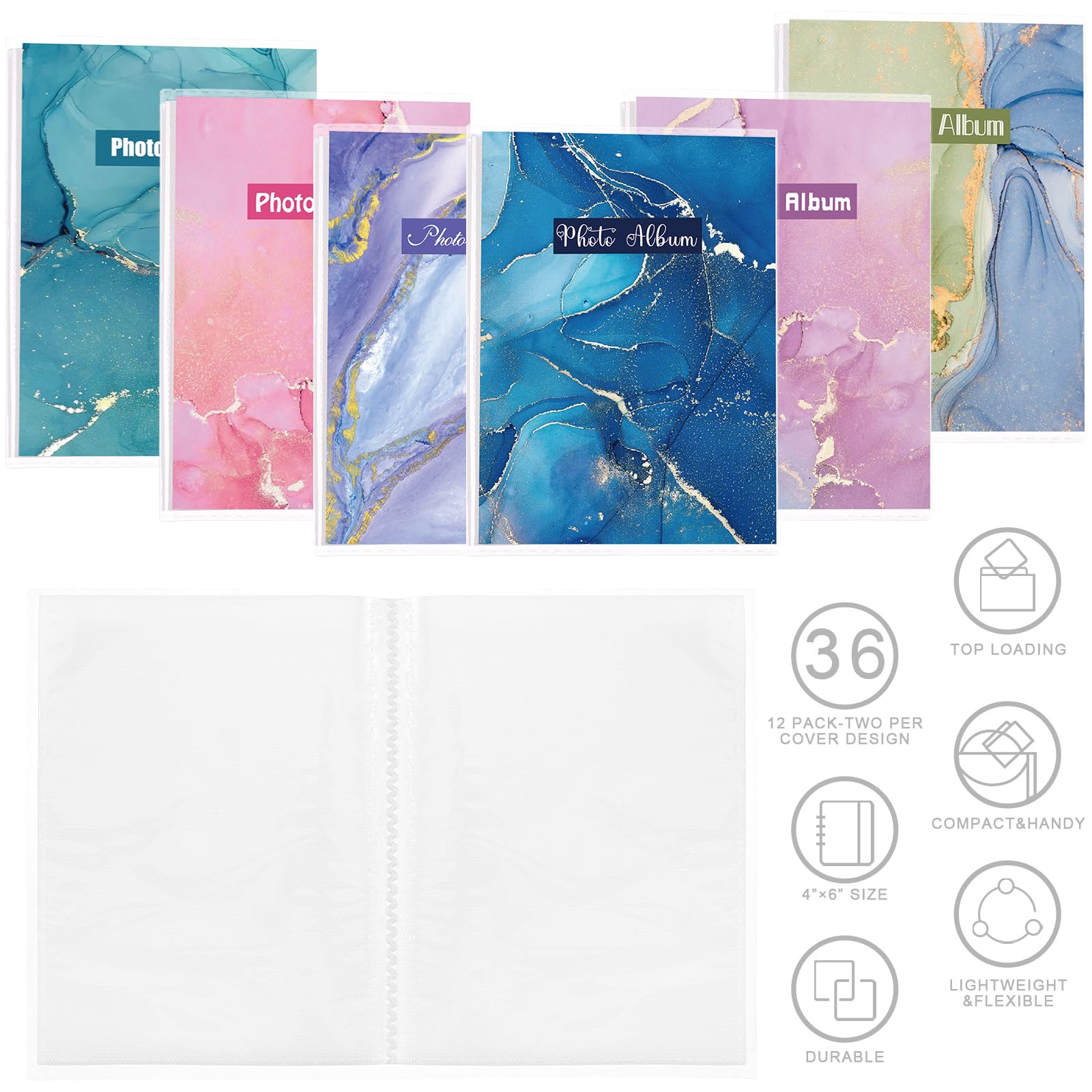 Sinmoe Paquete de 36 álbumes de fotos de 4 x 6 pulgadas, cada uno muestra 36 imágenes, mini álbum de fotos de Navidad con inserciones decorativas extraíbles y cubierta transparente flexible (estilo