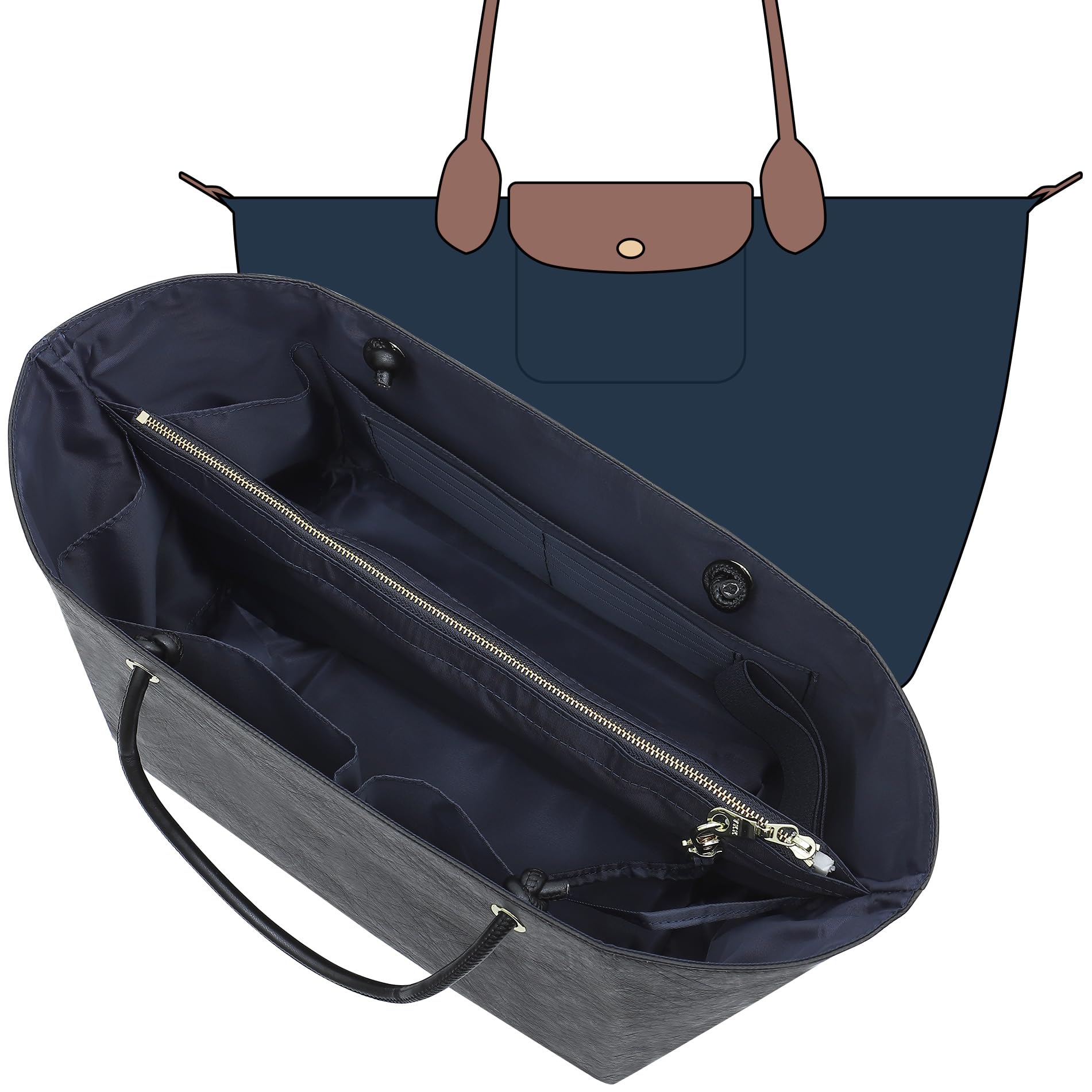 KESOIL DupontPaper Purse Organizer Insert for Longchamp LePliage Large, Bag Shaper with Key Leash& 17 Compartments, Upgraded Elastic Cup Holder +