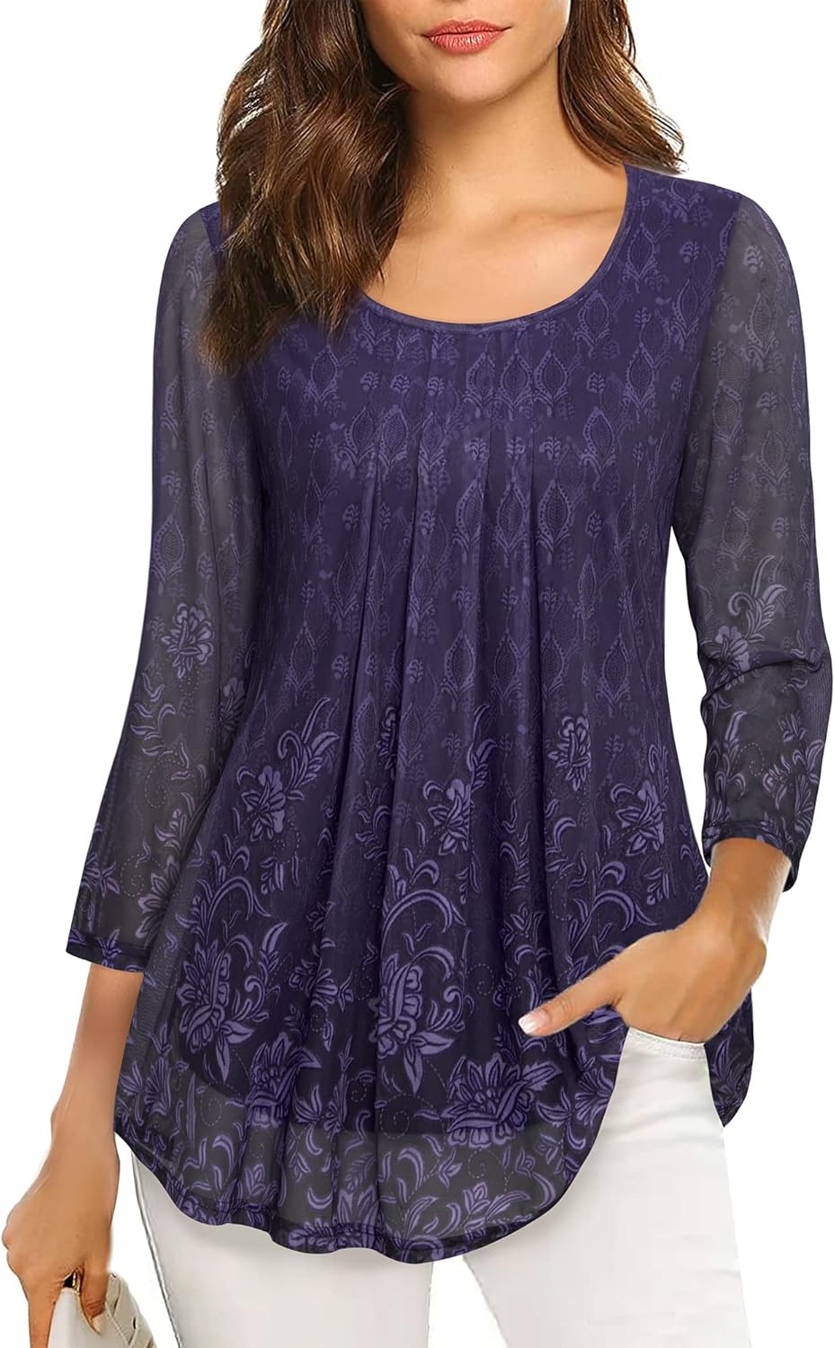 VALOLIA Women's 3/4 Sleeve Tunic Tops Casual Loose Fit Floral Blouses Mesh Pleated Layered Shirt