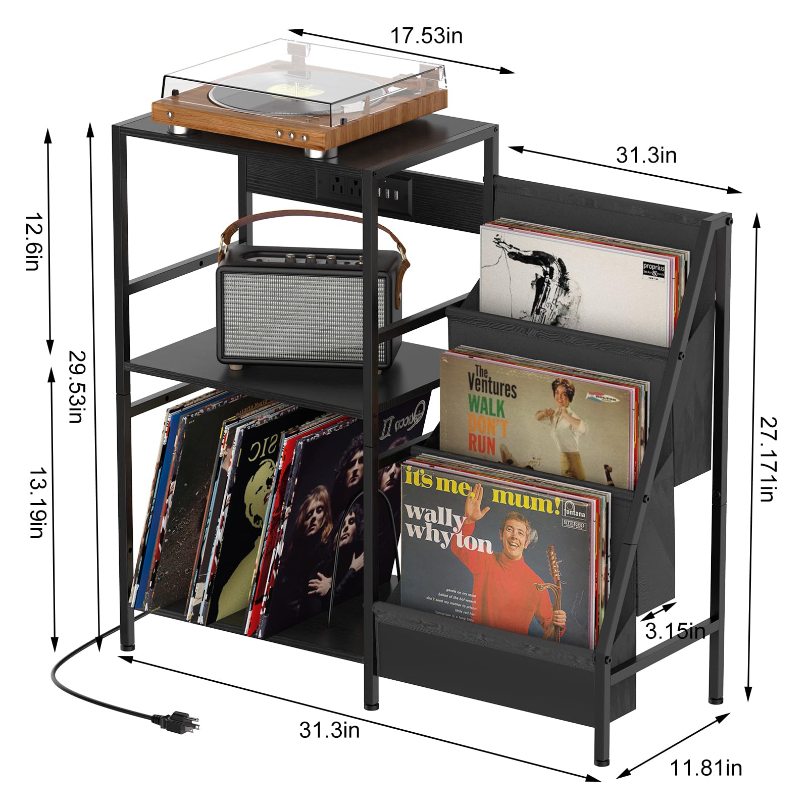 Record Player Stand End Table with Charging Station Black Bedside Table with USB Ports and Outlets Turntable Stand with 3-Tier Vinyl Record Storage 3 Tier Vinyl Record Stand with Storage Shelf