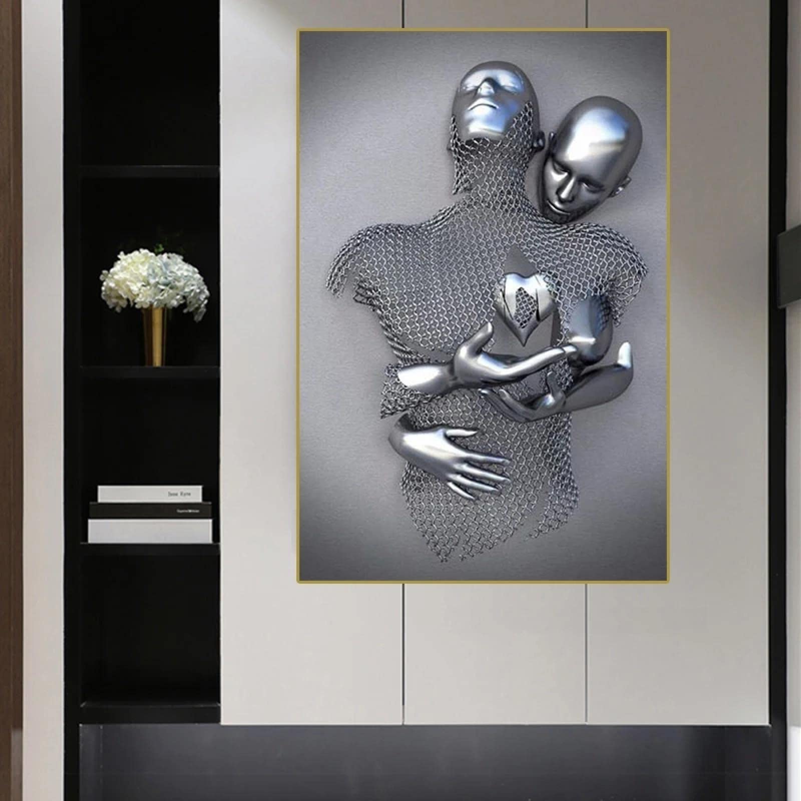 HOLEILUCK Modern Couples Metal Figure Statue Wall Art Canvas Painting Lover Sculpture Poster Stampa Picture for Living Room Decor 90x115cm (36x46in) Con Cornice