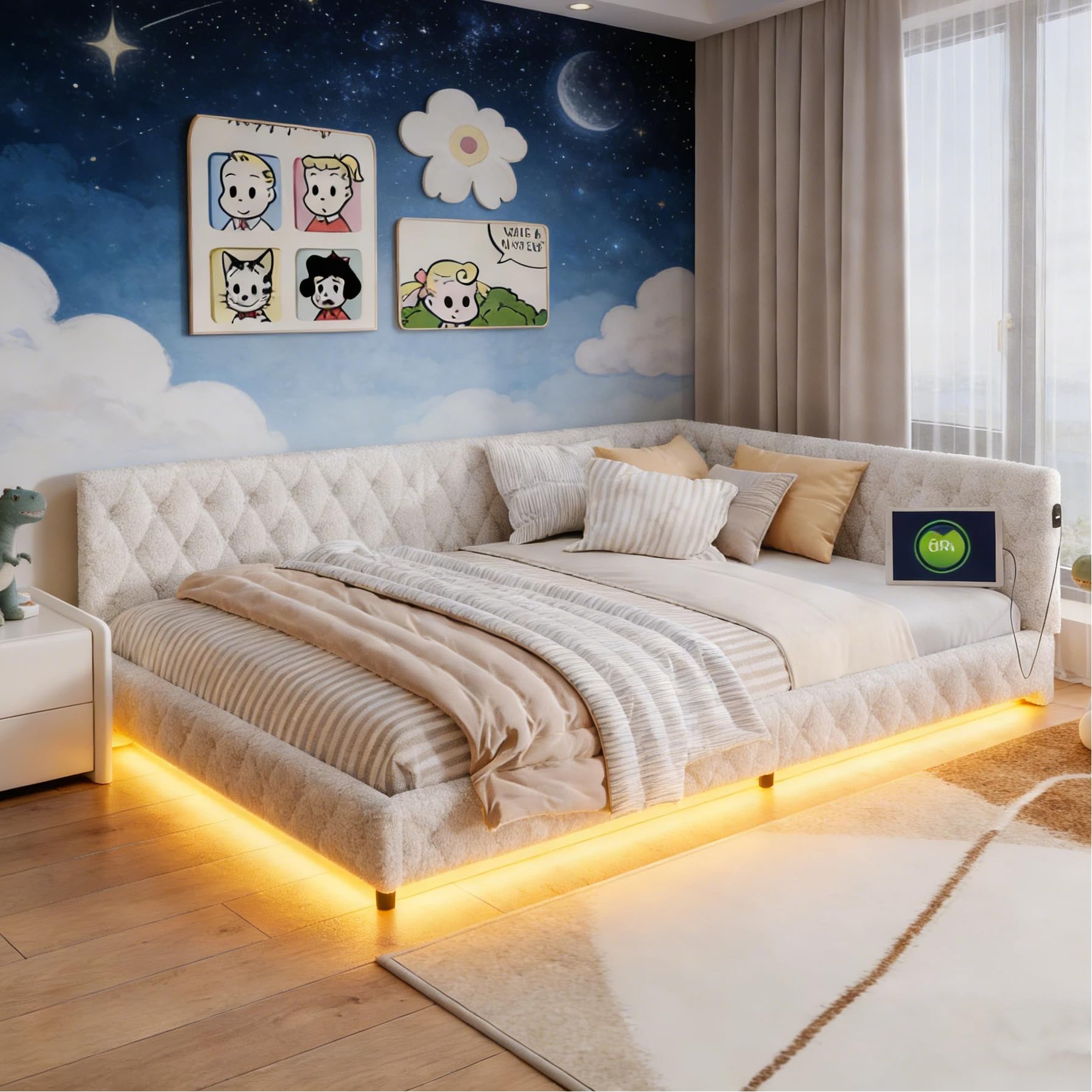 BRILVERDE Łóżko tapicerowane 140 x 200 cm, z diodami LED i USB, łóżko dziecięce, sofa ze stelażem, łóżko podwójne, dla dzieci i młodzieży, wełna jagnięca, bez materaca (białe, 140 x 200 cm)
