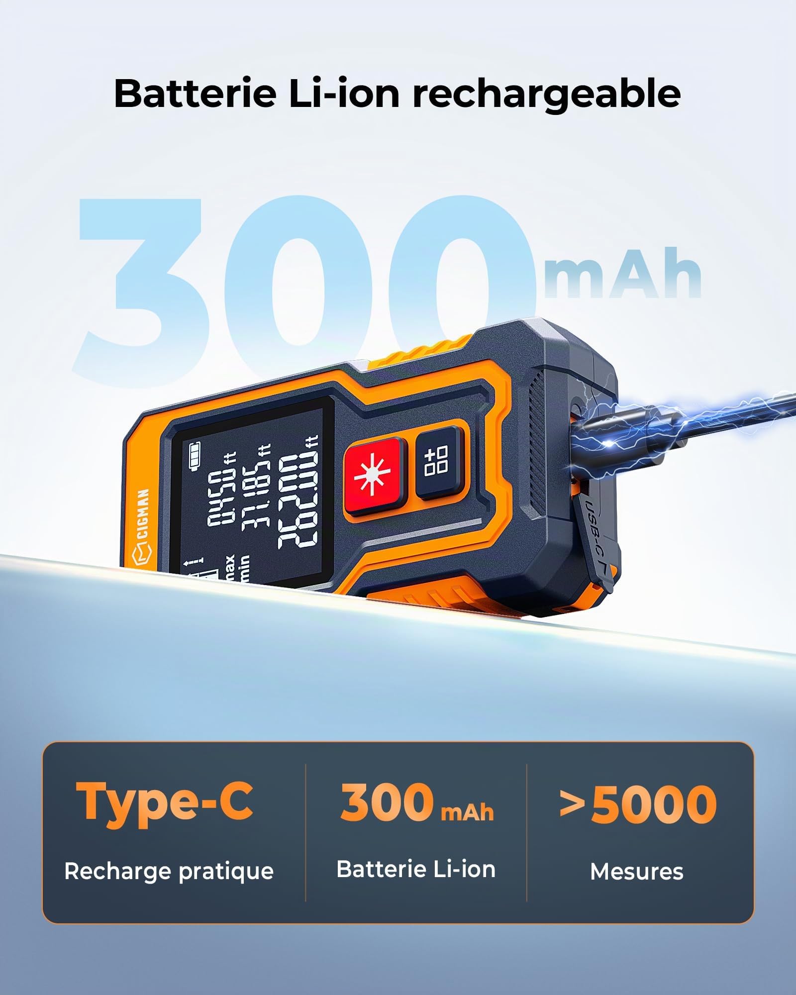 CIGMAN Télémètre Laser 80 m, mètre Laser Compact Rechargeable USB-C 300 mAh, Outil de Laser Mesure pour Longueur, Surface, Volume et Pythagore, référence Avant/arrière