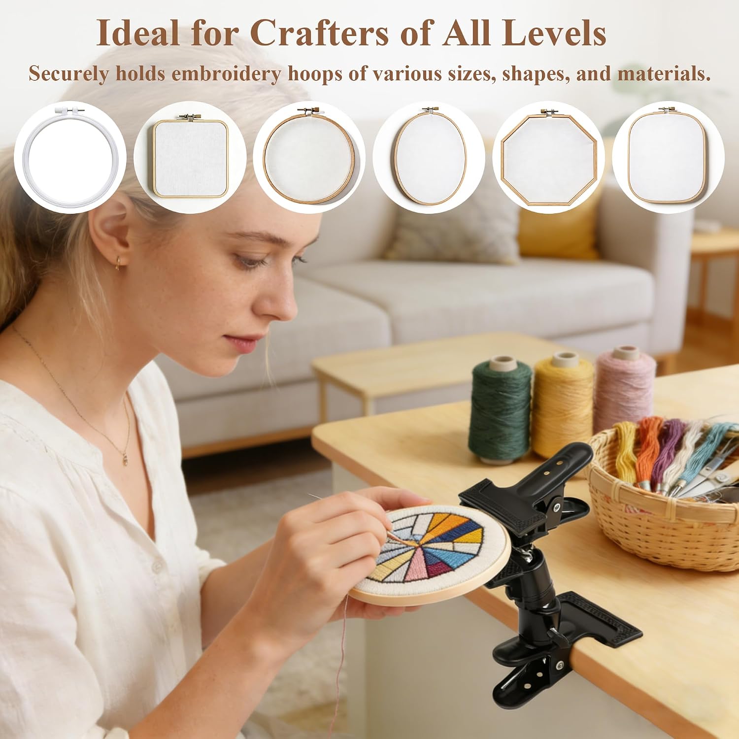 Coitak Portable Metal Embroidery Hoop Stand Holder with 3 Sizes Embroidery Hoop, Rotated Embroidery Stand Table Clip for Embroidery Needlework Hoops