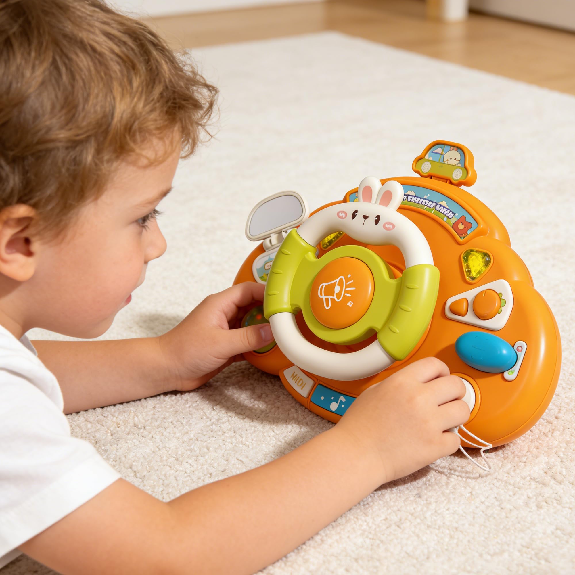 SUQ Coniglio Volante Per Auto Per Bambini, Auto Di Collegamento, Si Muove Con La Rotazione Del Volante, Giocattolo d'Imitazione Per Guida Simulata Con Rotazione a 360°Effetti Luminosi e Sonori