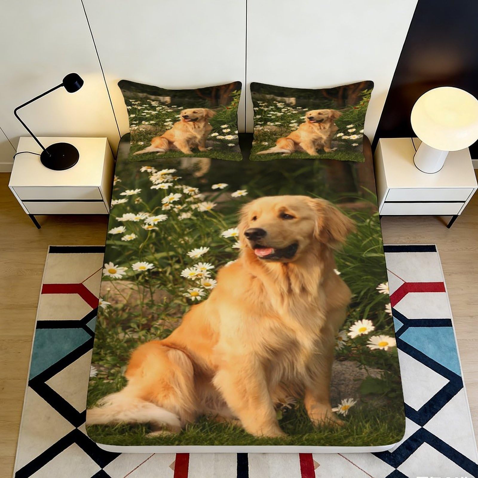 Pnayamiorkfel Style-3 3D Printed Golden Retriever Dog Fitted Sheet Microfiber Soft Daisy Field Mattress Cover For Bedroom Guest Room Decor 90X200x25cm