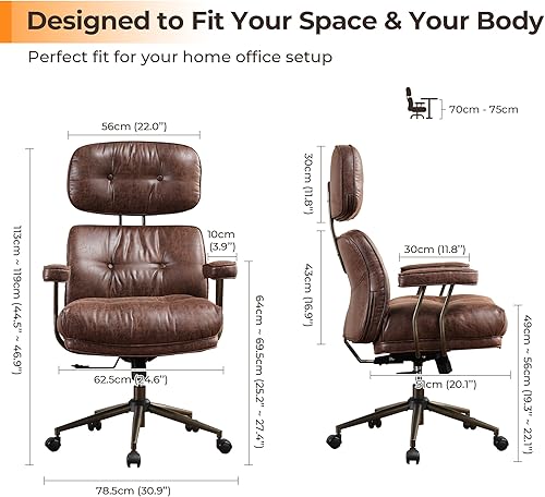 Miniatura 2 de Silla de oficina ergonómica cómoda con soporte lumbar, respaldo alto, silla de escritorio ejecutiva con ruedas de cuero de ante marrón oscuro para