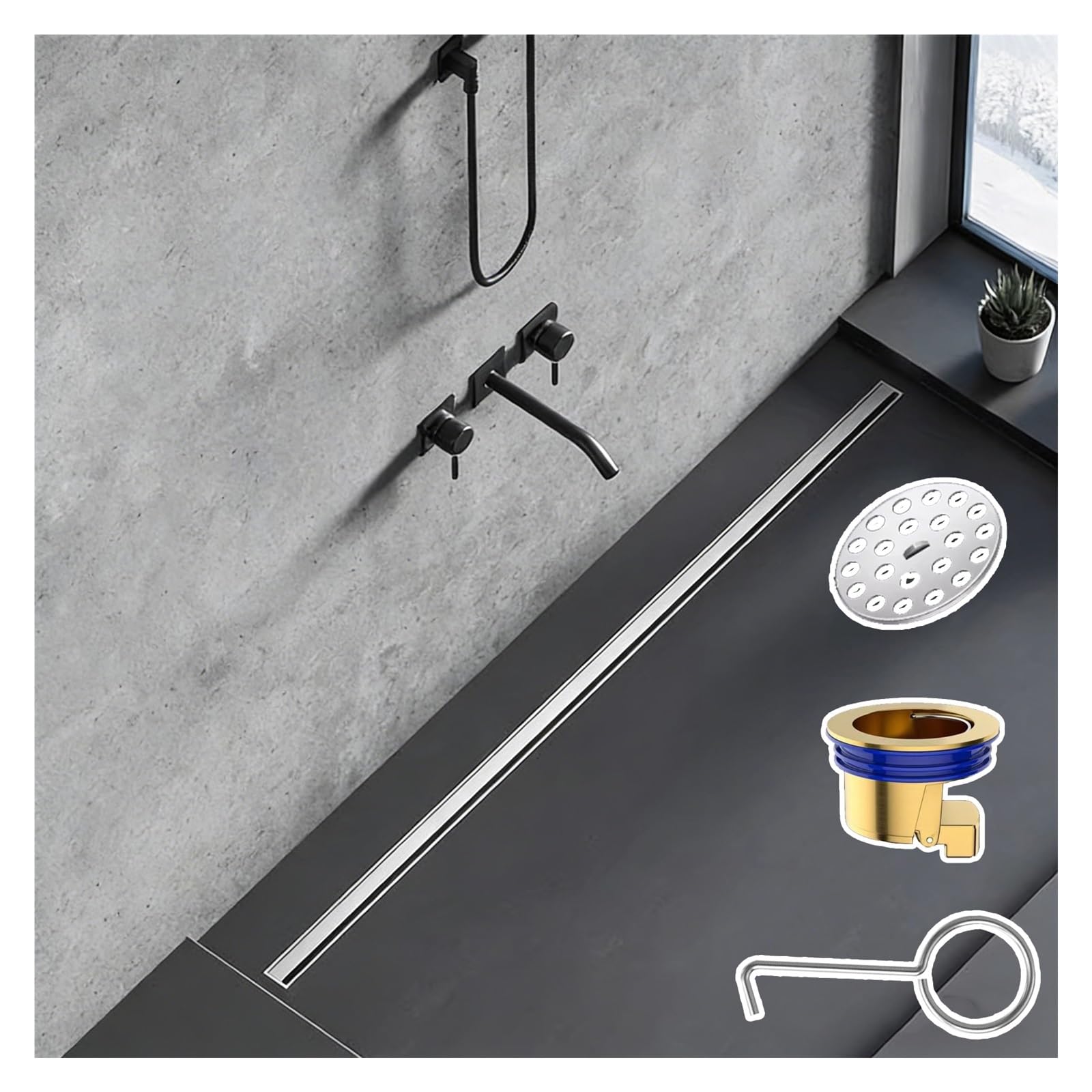 MZZKFC Invisible Shower Drain with Gravity Drain Core & Hair Catcher，Tile Insert Linear Drain 7.9 11.8 15.7 23.6 31.5 39.4 47.2in，Side Outlet Shower Drain Kit(Silver,L 1200mm/47.2")