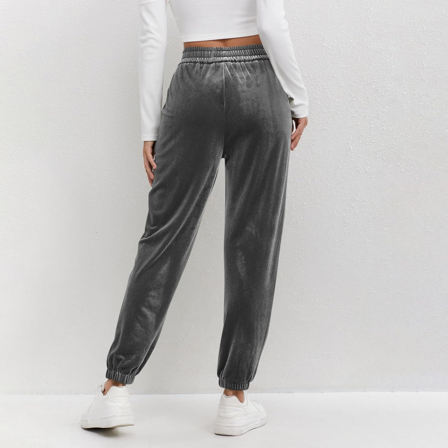 Velvet Pants for Women with Pockets Soft Dressy Casual Elastic High Waist Velour Lounge Sweatpants Formal Slacks