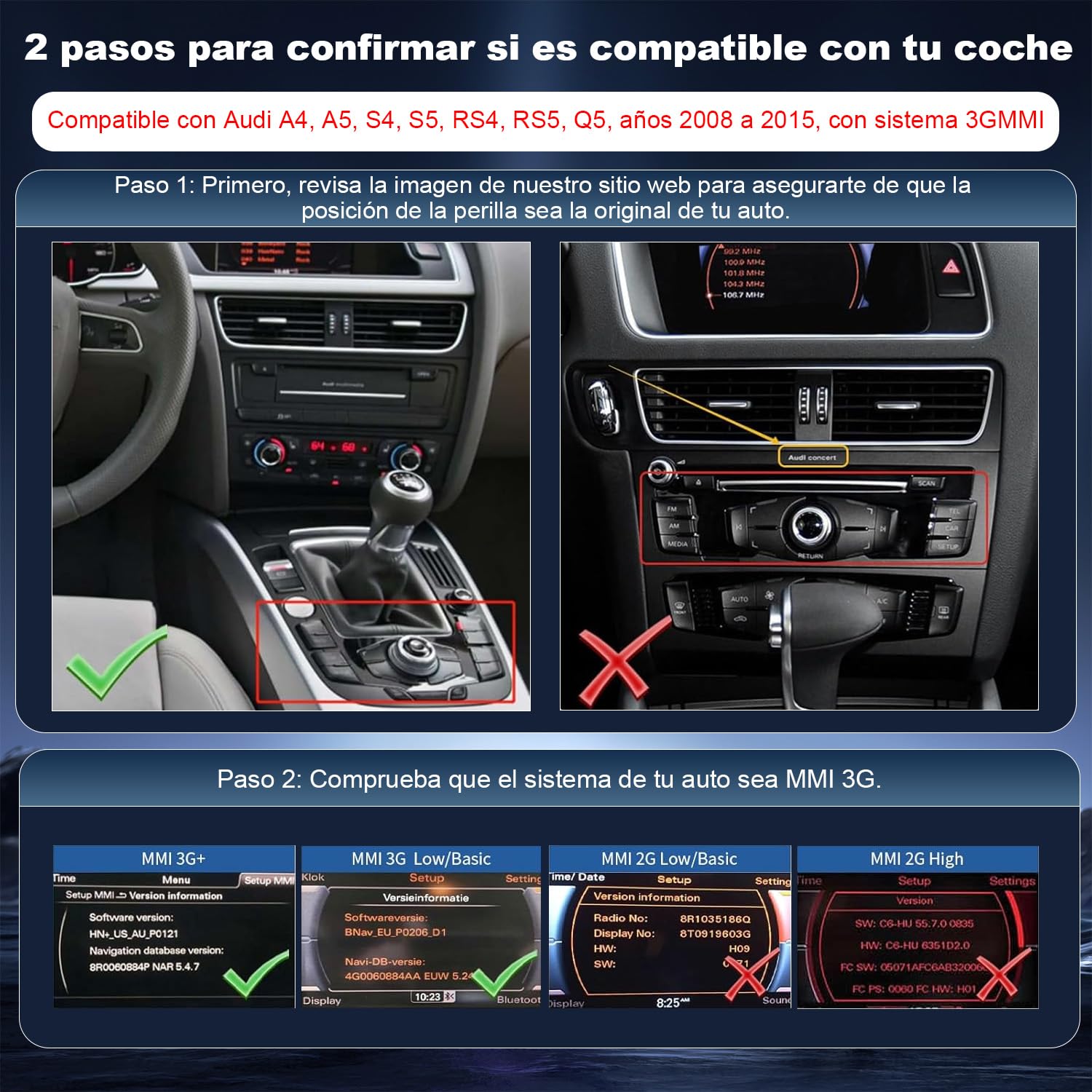 Kit di retrofit modulo decoder Wireless CarPlay/Android Auto compatibile con Audi A4/A5/S4/S5/RS4/RS5 e Q5 (2008–2018) per sistema MMI 3G, supporta comandi OEM, MirrorLink e telecamera posteriore