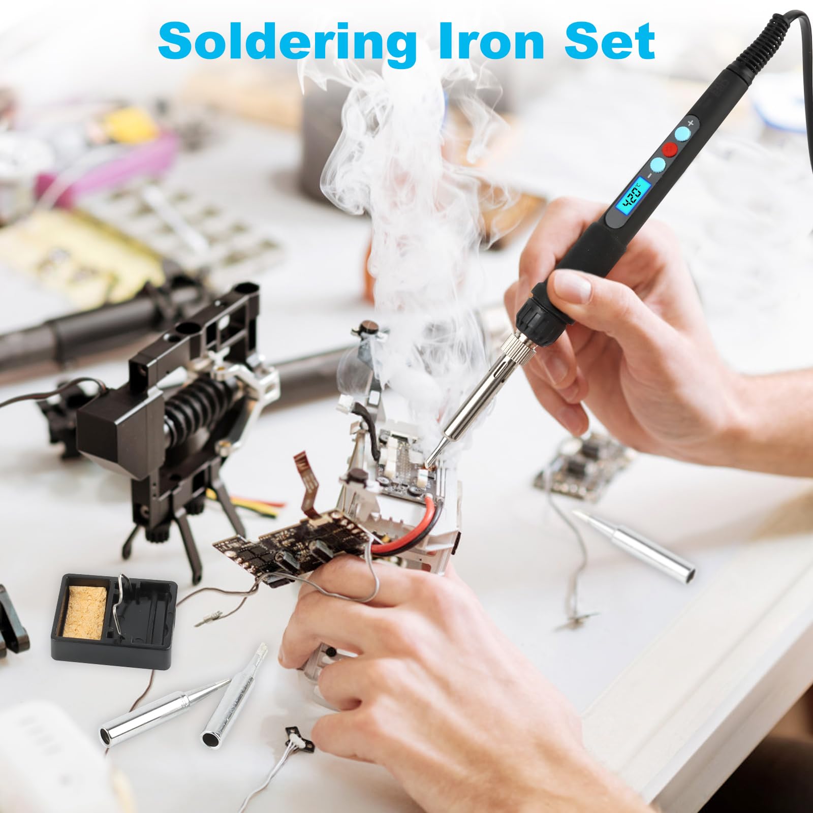 Saldatore, 60W Saldatore Elettrico Kit Di Saldatura Di Precisione Con Interruttore On Off Temperatura Regolabile 200 450 5 Punte 98825865 - Foto 12