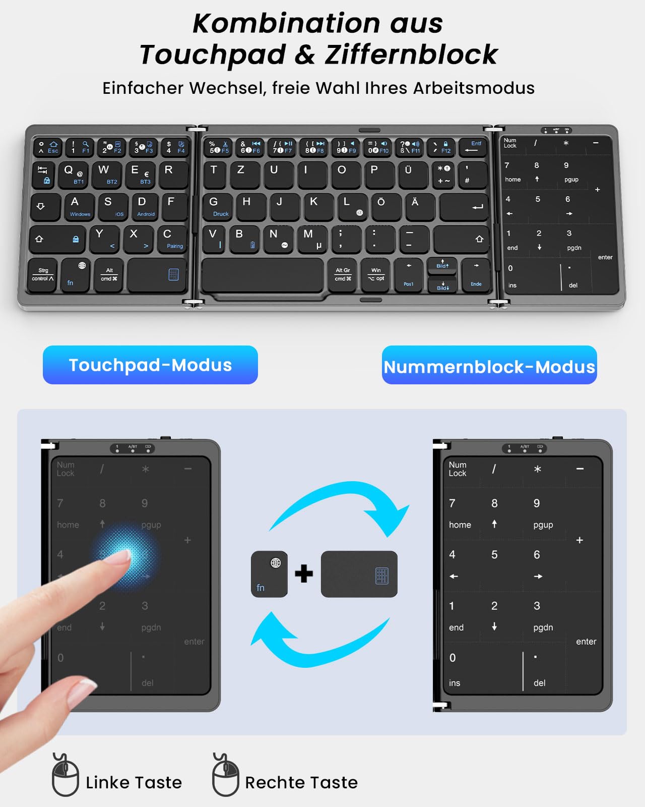 MoKo Teclado Bluetooth Plegable, Teclado Alemán Portátil Inalámbrico QWERTY | Plegable con Touchpad y Pad Numérico, Teclado Recargable Multi Dispositivo para Windows, iOS, Android Tablet/Teléfono Móvil