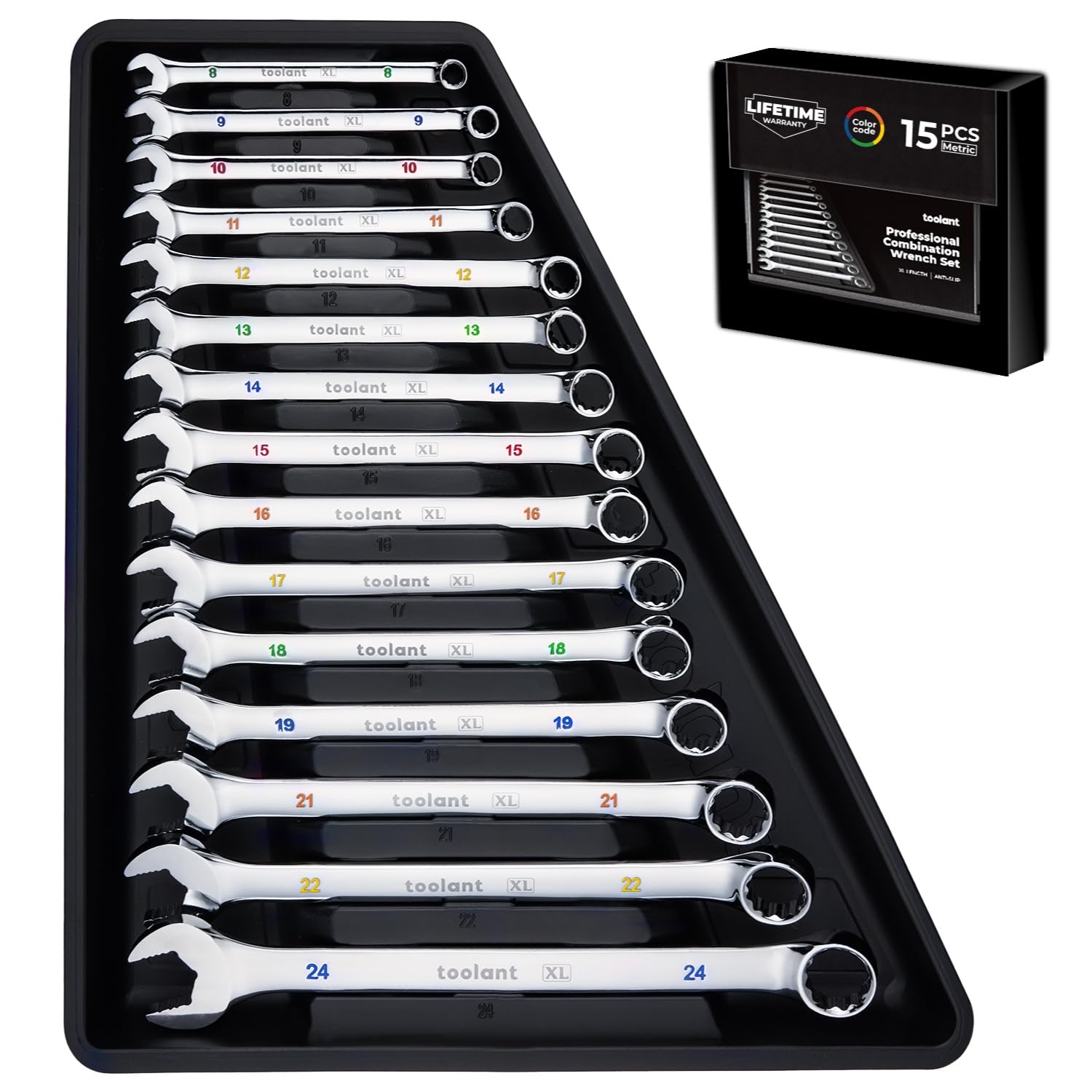 toolant Max Grip 15pcs Professional Metric Combination Wrench Set with Long Pattern Offset Heads Anti-Slip Teeth & Color-Coded Markings for Machinist,