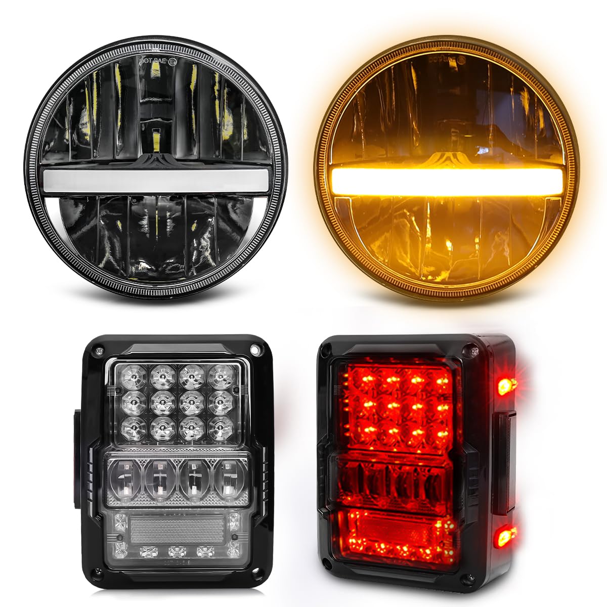UNI-SHINE 7 inch LED Headlight Round 6024 Led Headlight Reflector Amber Turn Signal White DRL+2pcs Led Tail Light Built-in EMC Running&Brake Signal & Reverse Light Compatible with Jeep Wrangler JK/JKU