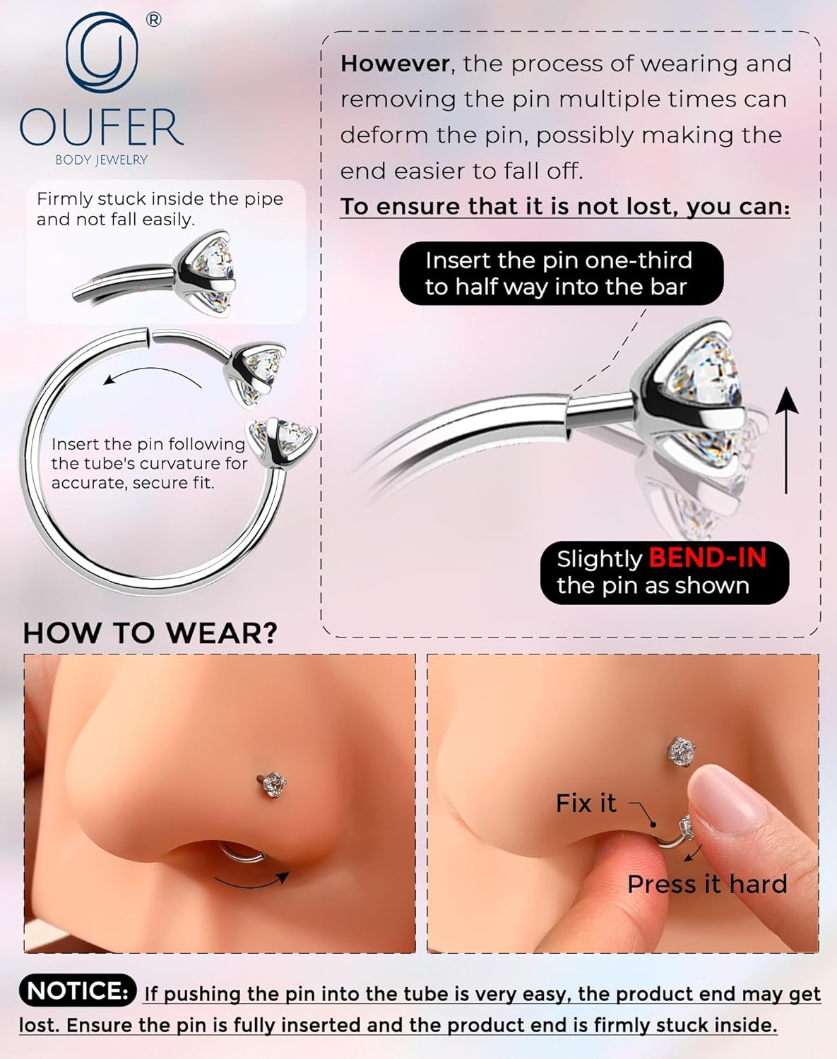 OUFER 2PCS 316L Surgical Steel Horseshoe Nose Rings Hoops, 20G Push Pin Threadless Nose Rings For Women Men, Double Crystal Horseshoe Septum Lip Eyebrow Helix Daith Ear Piercing Jewelry-7mm and 8mm - Image 6