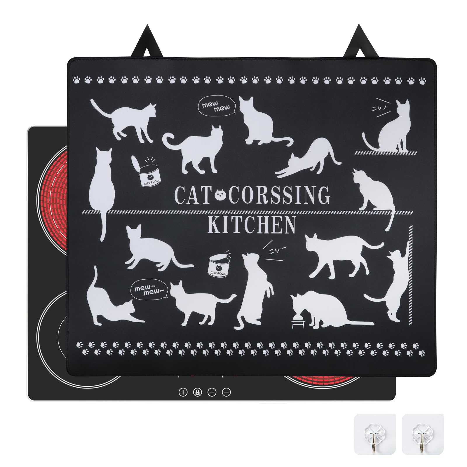 Alfombrilla Protectora Cocina de Inducción 62x53cm, Protector Vitroceramica con 2 Ganchos, Antideslizante Cubre Placas de Induccion, Protección contra Salpicaduras de Cocina (1)