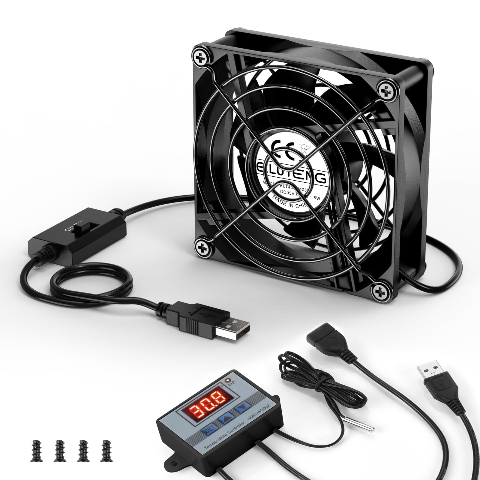 ELUTENG Ventilador USB de 80 mm con Regulador de Temperatura Digital, 5V para PC, 3 Velocidades Ajustables, 8 x 8 x 2,5 cm, Compatible con PS4/Portátil/TV Box/Armario AV/Router