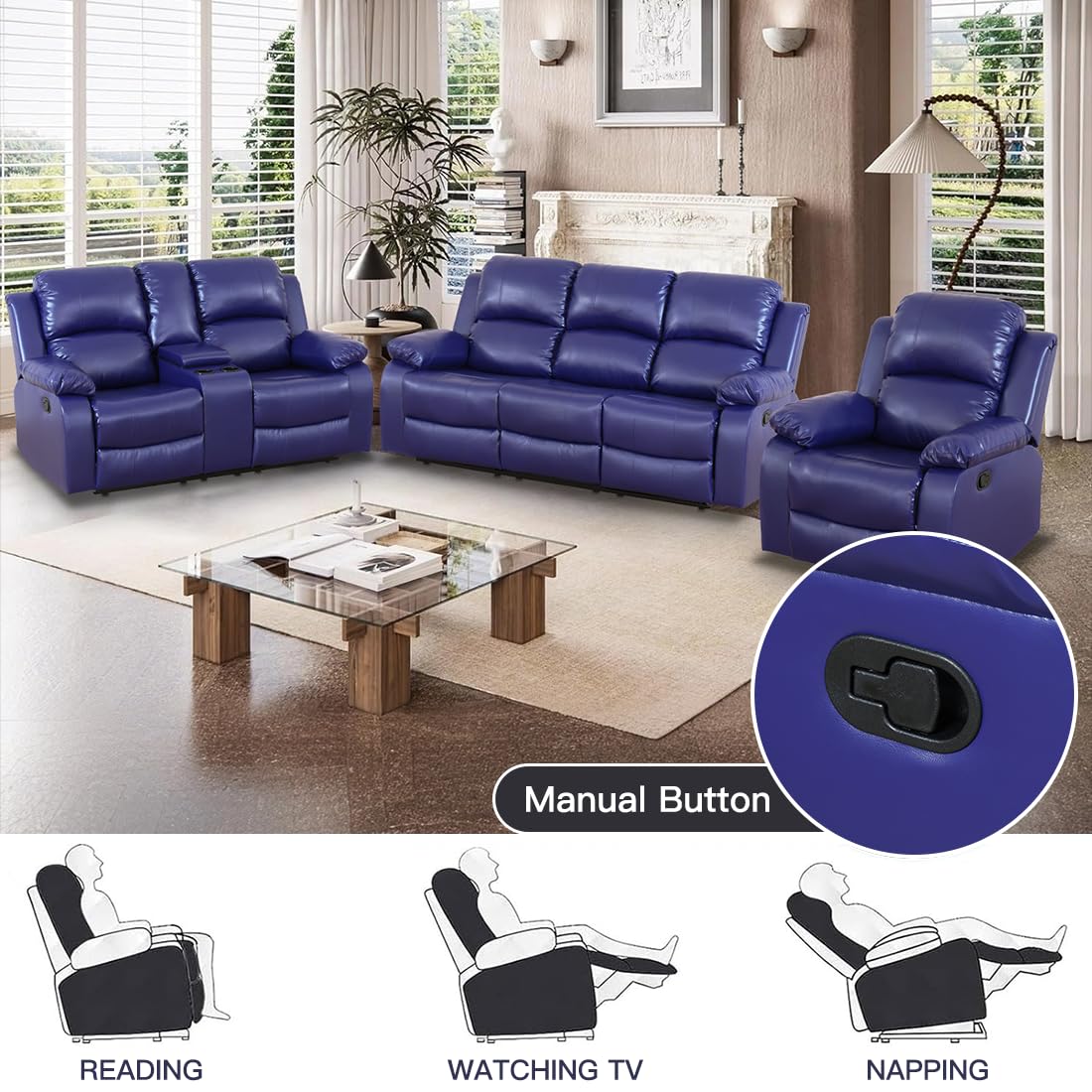 Toseslo Manual Reclining Couch Sofa Set with Drop-Down Table, 3 Pieces Blue Leather Recliner Couch Sets, Living Room Furniture Sets, Recliner Sofa with Storage Console/Cup Holder for Home/Apartment view 5