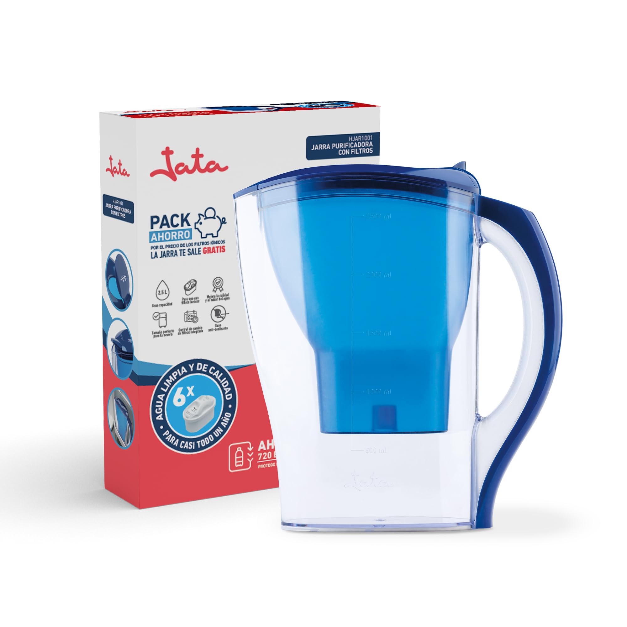 Jata Hogar HJAR1001 - Jarra con filtro de agua de 2,5 litros. Incluye 6 cartuchos iónicos. Reduce la cal, cloro y residuos de cobre. Agua con sabor y pureza.