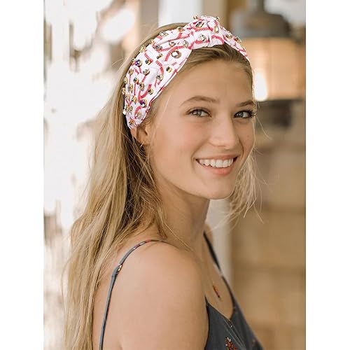 Miniatura 2 de mokkia Diadema de béisbol con diamantes de imitación anudada para mujer, diadema estampada con nudo superior ancho, diadema adornada con joyas