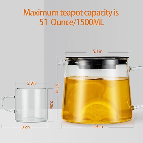 Miniatura 6 de Tetera de vidrio de 51 onzas  50.7 fl oz con 6 tazas de té, juego de regalo de tazas de té, infusor de acero inoxidable extraíble, tetera de vidrio