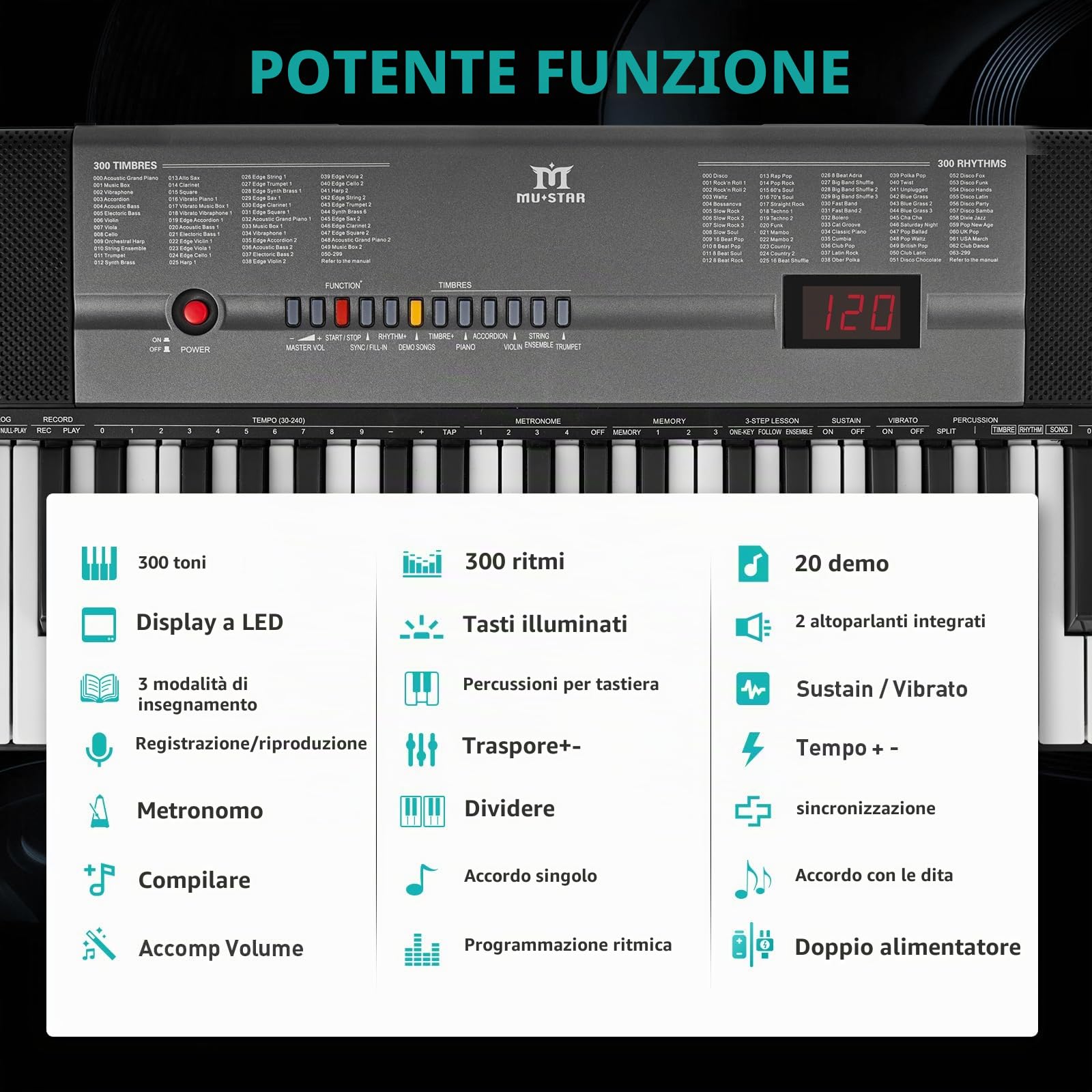 Pianoforte elettronico a 61 tasti con tasti illuminati, LCD, cuffie, supporto a X, sgabello, ripiano per spartiti, microfono, adesivi per note, altoparlanti integrati, 3 modalità di insegnamento