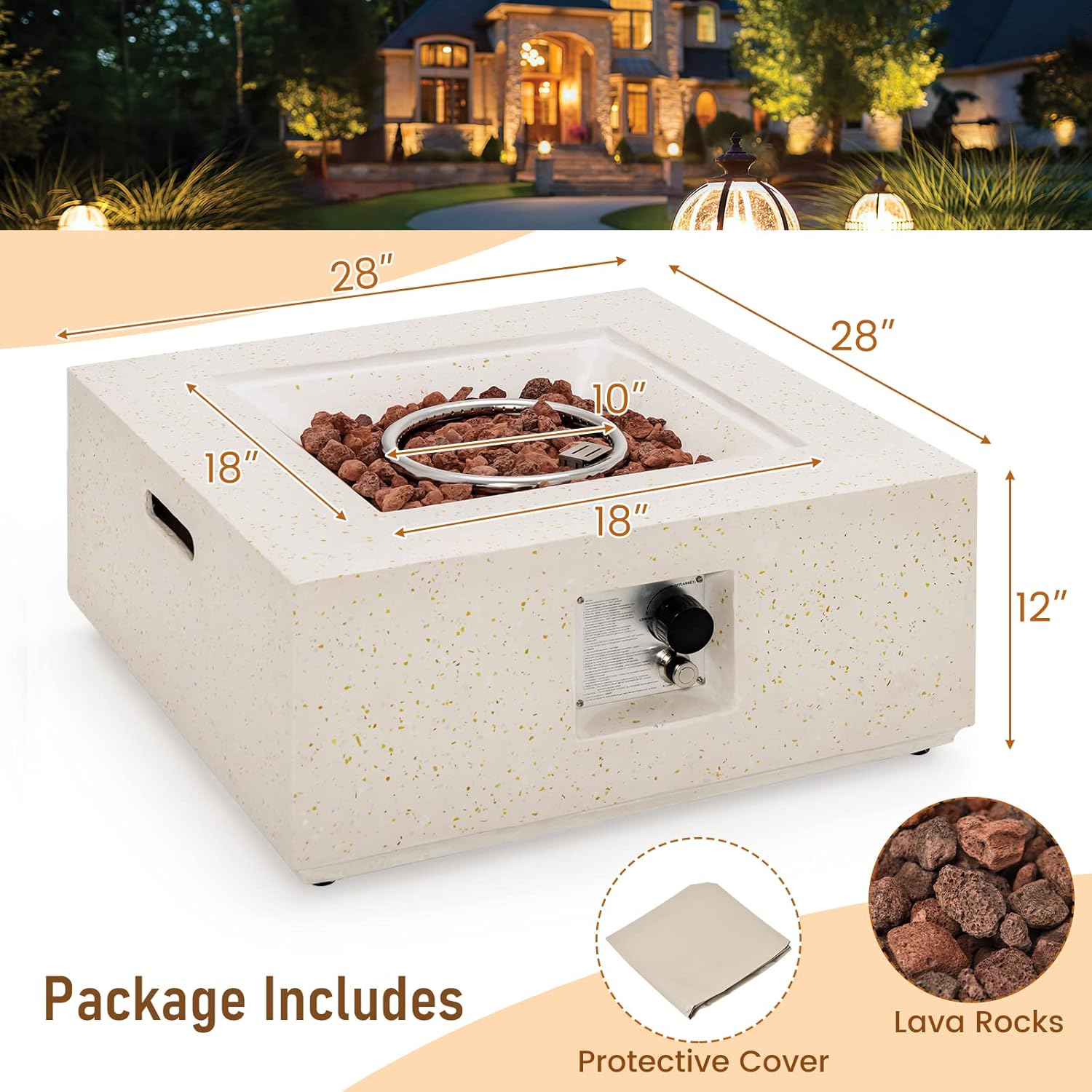 Tangkula 28 Inches Propane Fire Pit Table, Patiojoy 40,000 BTU Square Fire Table with Lava Rocks, Simple Ignition System and Waterproof Cover, Outdoor Terrazzo Gas Fire Pit