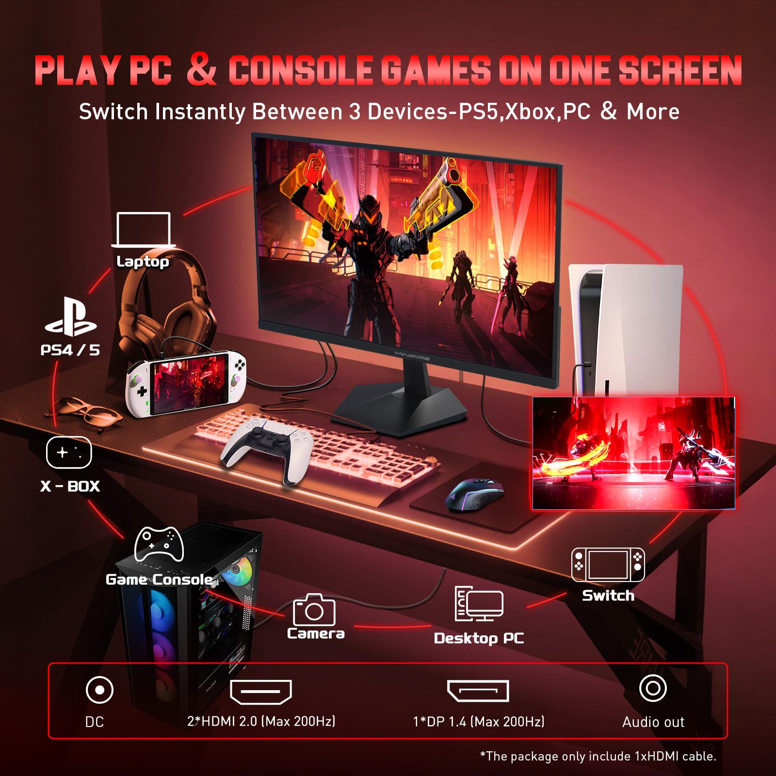 Minifire Monitor de juegos FHD de 24,5 pulgadas, 200 Hz, 1 ms con panel Fast IPS, monitor de PC 1080P para juegos con AMD Free Sync, 120% sRGB, certificación alemana Eye Care | HDMI 2.0 x 2 y DP 1.4 x