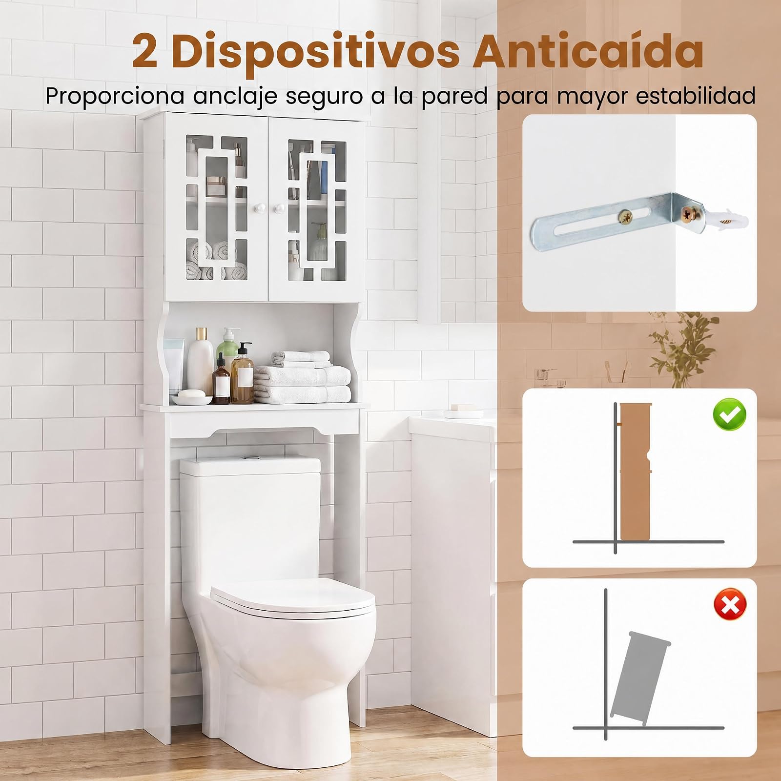 COSTWAY Mueble sobre Inodoro WC con 3 Estantes y 2 Puertas, Estantería para Inodoro, Mueble de baño con Estante Ajustable de Madera, Armario Alto de Almacenamiento, 60 x 21,5 x 169 cm (Blanco)