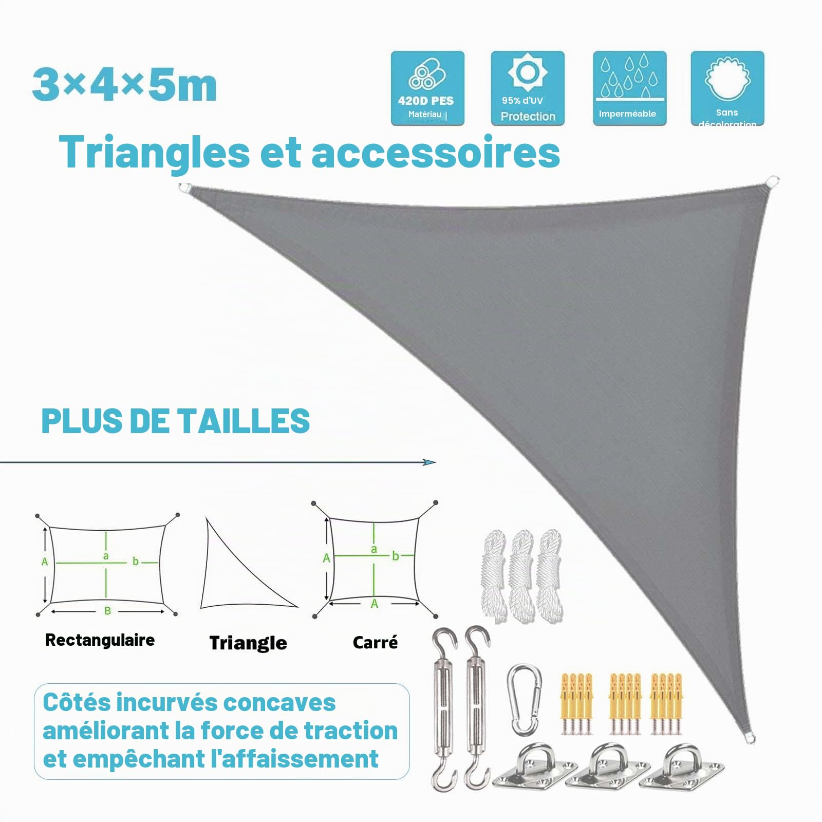Voile d'ombre triangulaire 3x4x5m, kit de fixation, polyester PES, imperméable, cordes de fixation, protection solaire balcon-jardin-terrasse