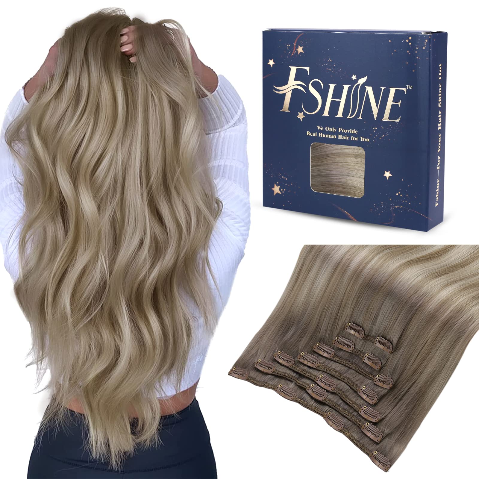 Fshine Extensiones Pelo Natural Clip Castaño Claro a Rubio Claro Con Castaño Claro 14 Pulgadas Extensiones de Clip de Pelo Natural Extensiones Clip Cabello Humano 120g 7PCS #8/8/613