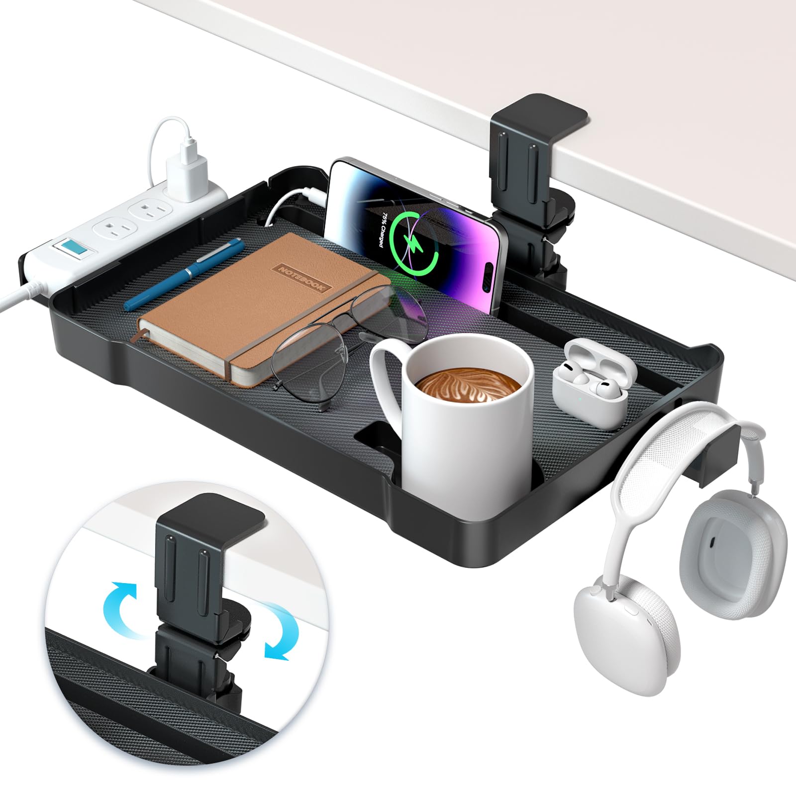 KDD Organizador Cajones Bajo Escritorio Oculto, Cajonera Escritorio Giratorio360° con Soporte Cascos Gaming & Organizador Cables & Portavasos, sin Taladro C-clip Soporte Auriculares para Hogar Oficina