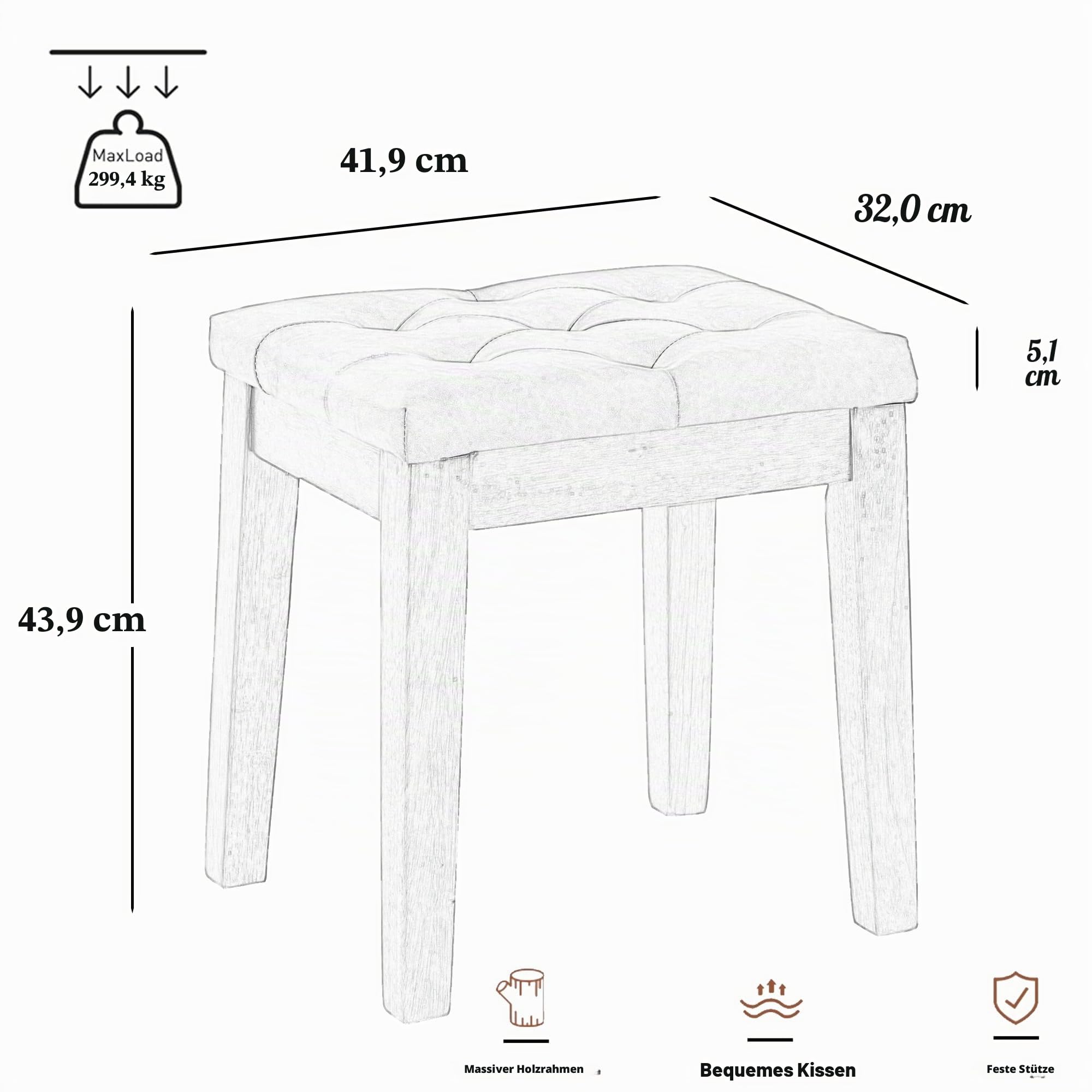 Polsterhocker Schminktisch Hocker Sitzhocker, Gepolstert und Getuftet, Massivholz, für Eingangsbereich, Flur, Wohnzimmer, Kunstleder, Retrobraun, 42 x 32 x 44 cm