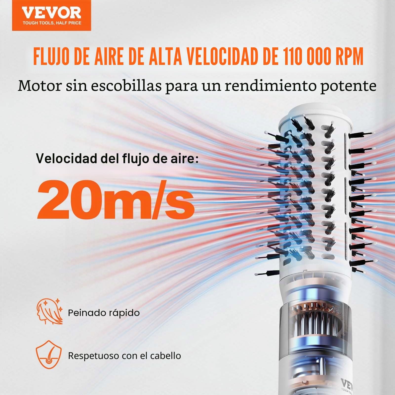 VEVOR Cepillo Secador de Pelo Iónico, Alta Velocidad de 110 000 RPM con Cepillo Ovalado y de Paleta, de 4 Temperaturas y 3 Velocidades para Un Alisado Voluminizador de Secado Rápido, 305 x 105 mm