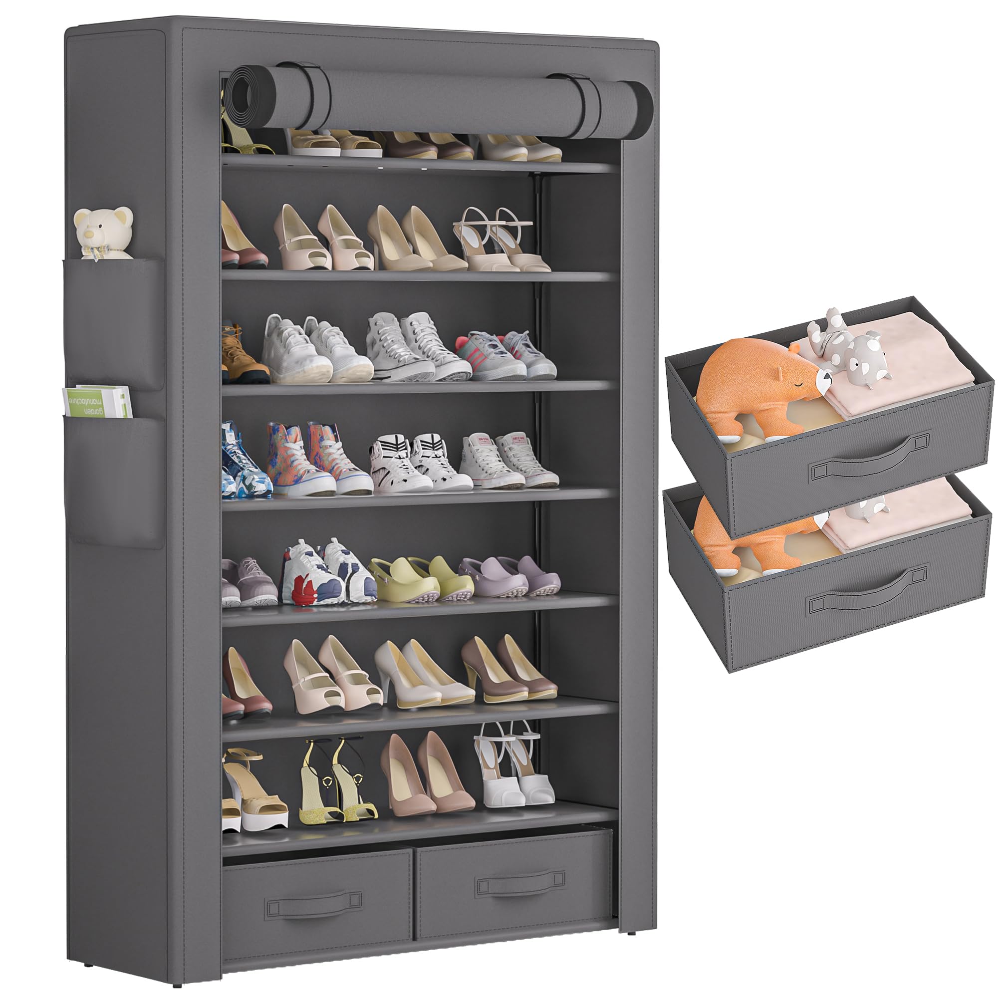 OYREL Shoe Rack Storage Cabinet 32 Pairs Organizer Shelf Tall for Shoes Large Free Standing Racks Vertical Shoe Holder Stand with Cover Two Boxes Closet