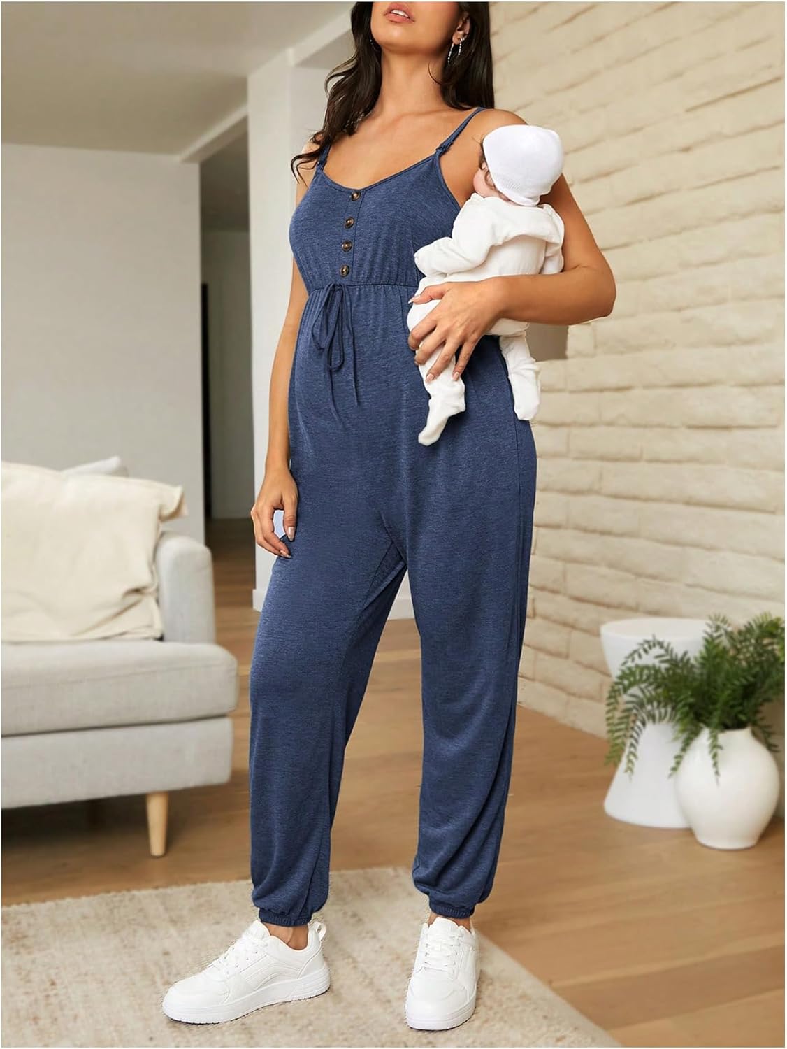 OYOANGLE Women's Maternity Nursing Jumpsuits Button Front V Neck Long Pants Romper - Image 5