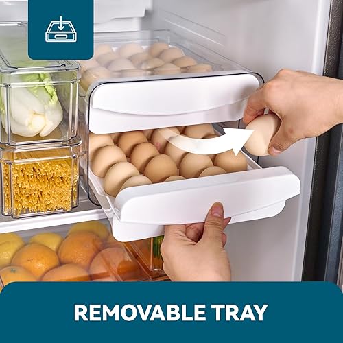 Vista 3 de Dispensador de contenedores de huevos para refrigerador de 40 huevos, bandeja apilable transparente de 2 niveles con cajón para refrigerador