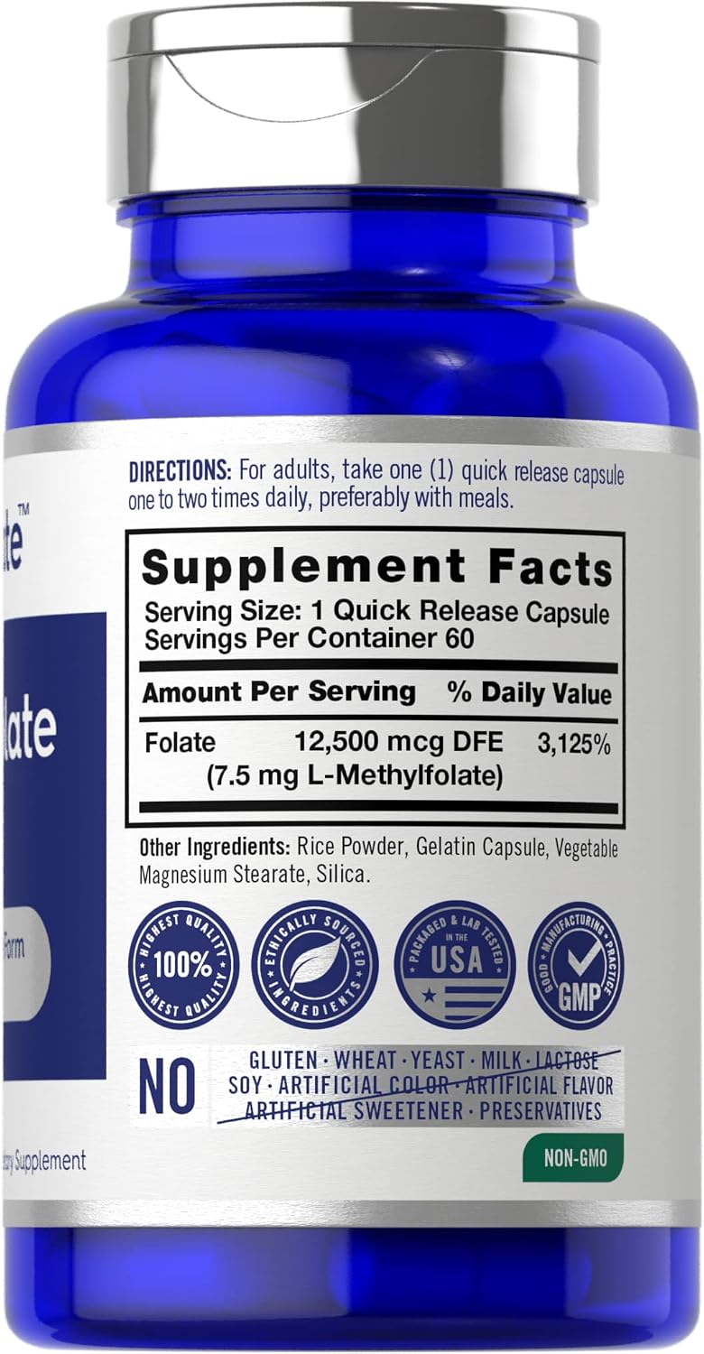 L Methylfolate 7.5 mg | 60 Capsules | Optimized and Activated | Non-GMO, Gluten Free | Methyl Folate, 5-MTHF | by Opti-Folate