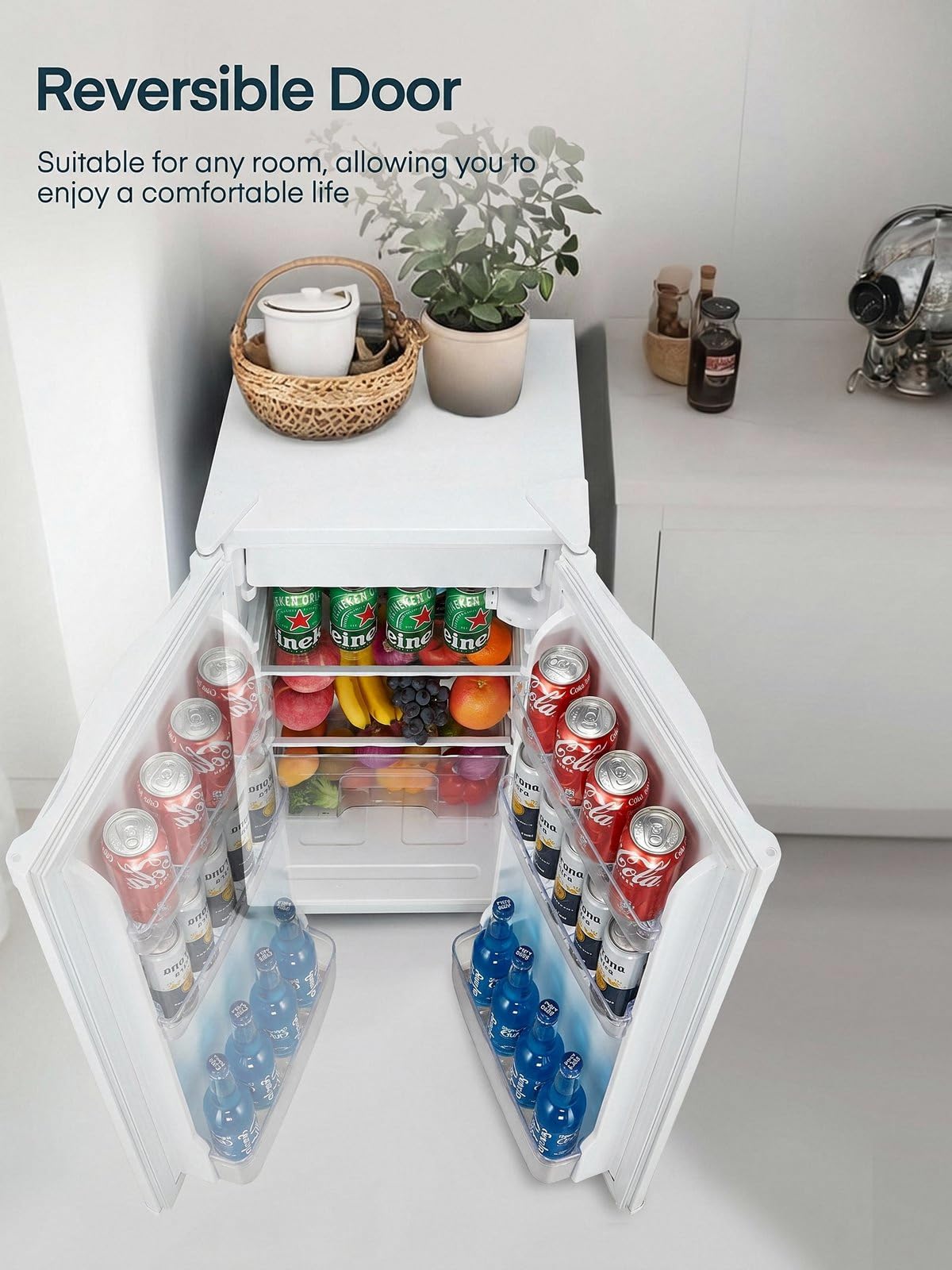 FOHERE Frigorifero Piccolo 90L, Frigorifero Monoporta con Fresh Zone, 7 Termostato Regolabile, Silenzioso, Scomparto per Verdure, Frigo da Ufficio, Camera, Bianco
