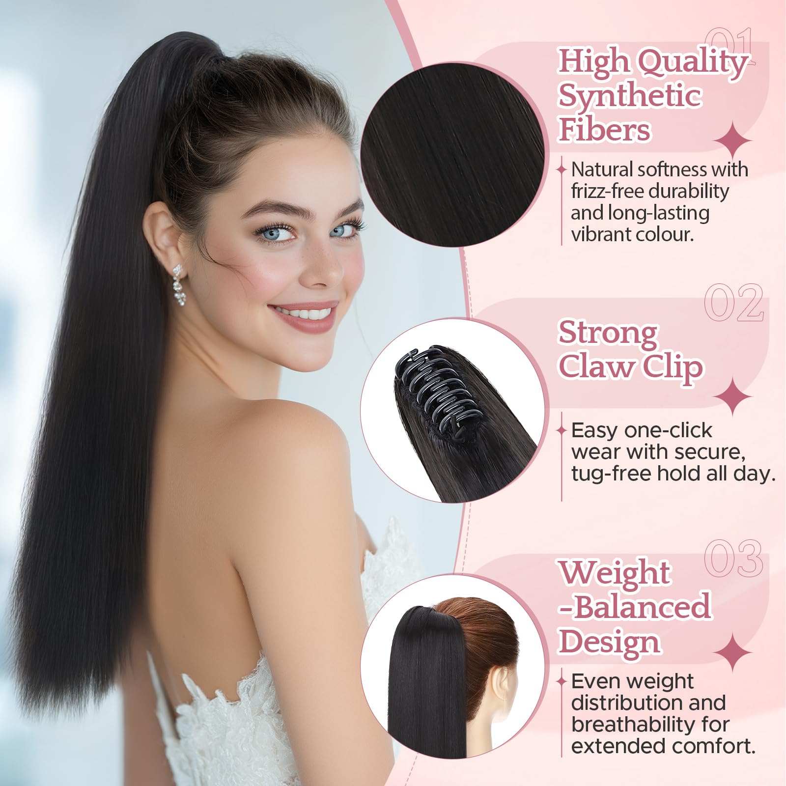 SEGO Pro Claw Clip Ponytail Hair Extensions Synthetic Pony Tail Hair Pieces for Women 21 Inch Straight 140g (Natural Black) - Image 2