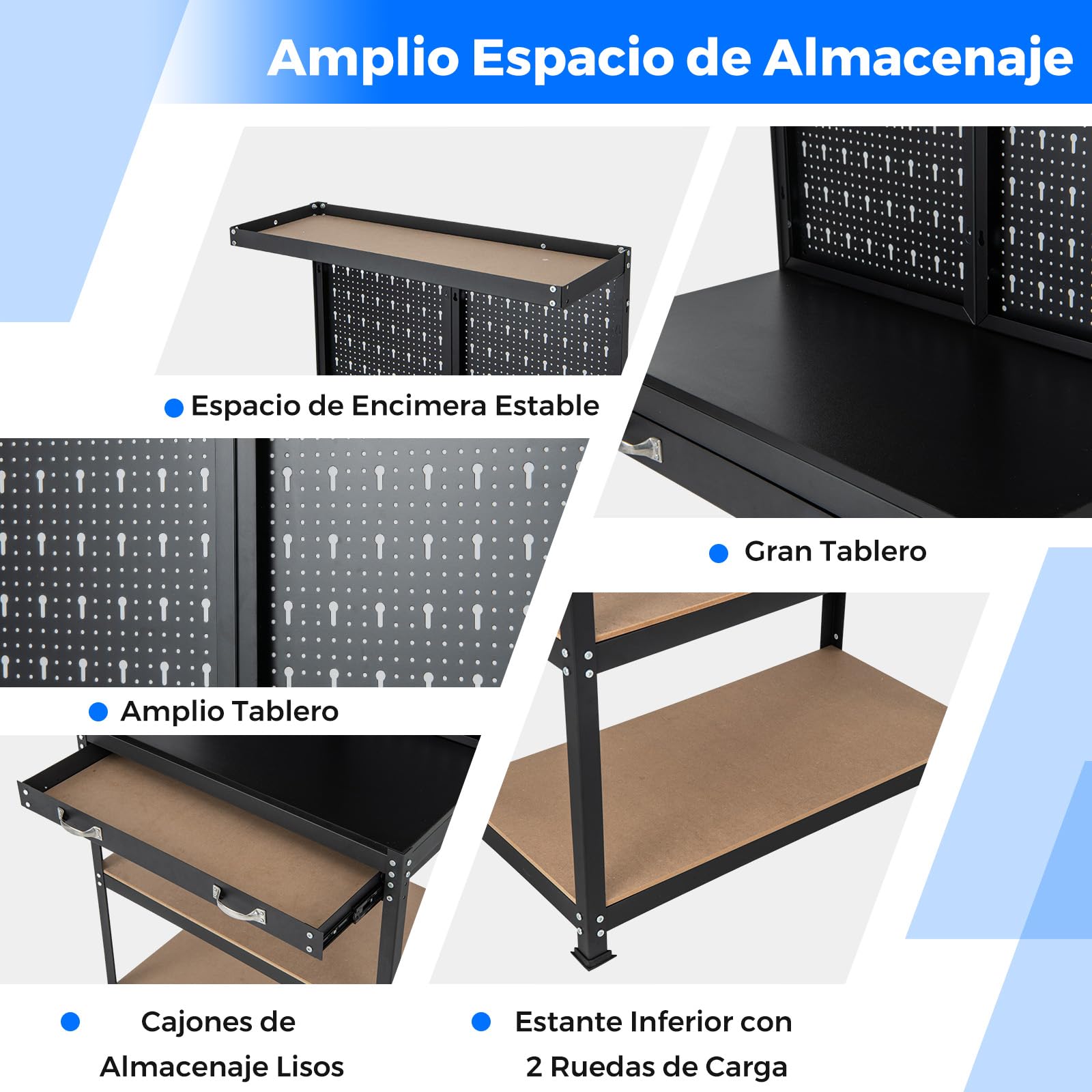 GYMAX Banco de Trabajo Multiusos con Tablero Perforado, 2 Estantes con Neumáticos, Espacio Superior, Cajón y Marco de Metal Robusto, para Talleres, Almacenes y Sótanos (Negro+Azul)