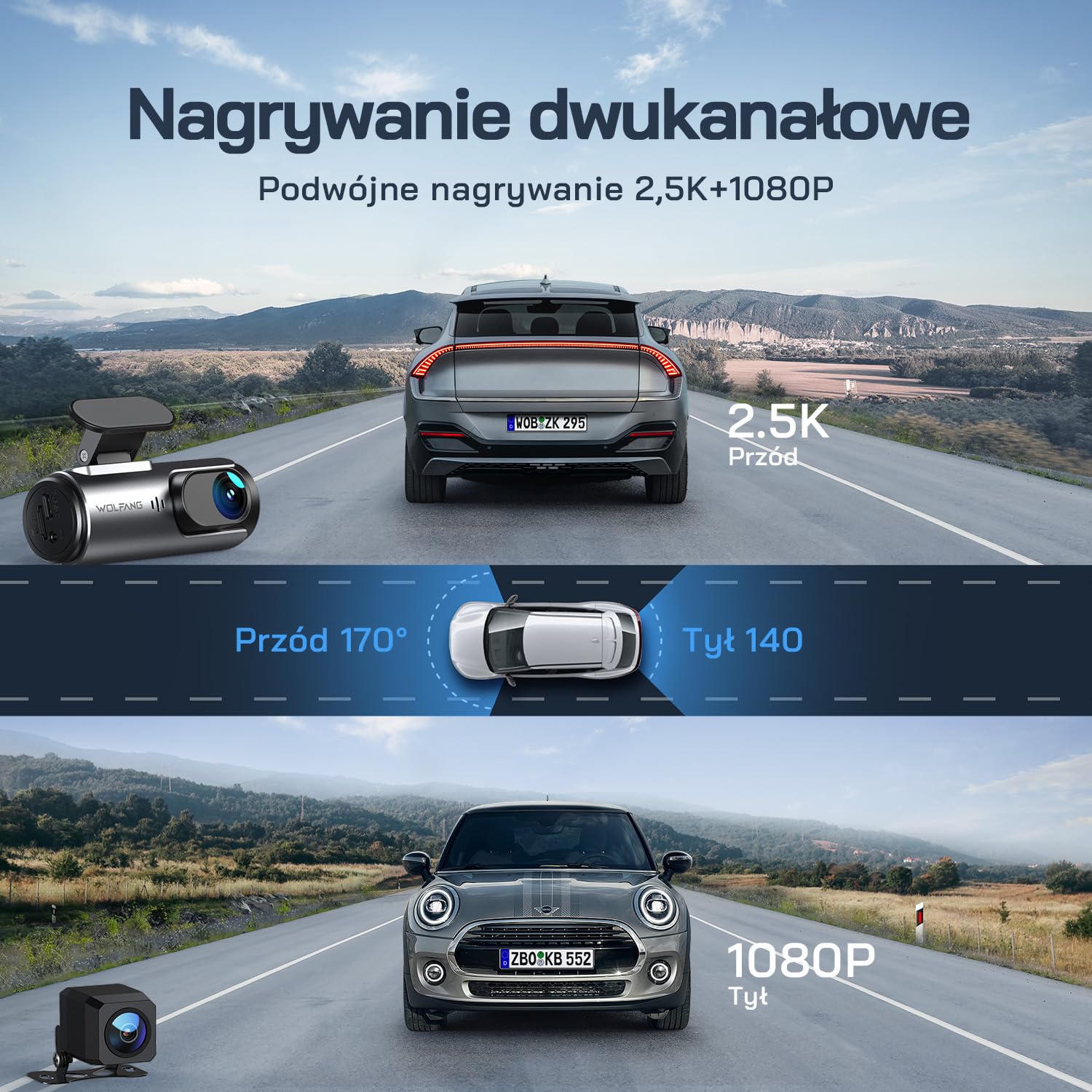 Kamera samochodowa WOLFANG 4K przednia i tylna kamera samochodowa Wi-Fi, podwójna kamera samochodowa z noktowizorem, nagrywanie w pętli, czujnik G, szeroki kąt 170, osłona parkowania