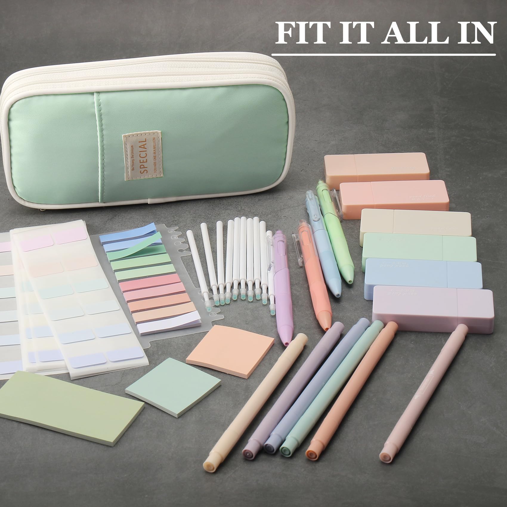 Povxlum 29 Pcs Aesthetic College School Supplies with Pen Case Sticky Notes Gel Pens Highlighters Correction Tapes Back to School Stationery Kit Gifts (Green) - Image 3