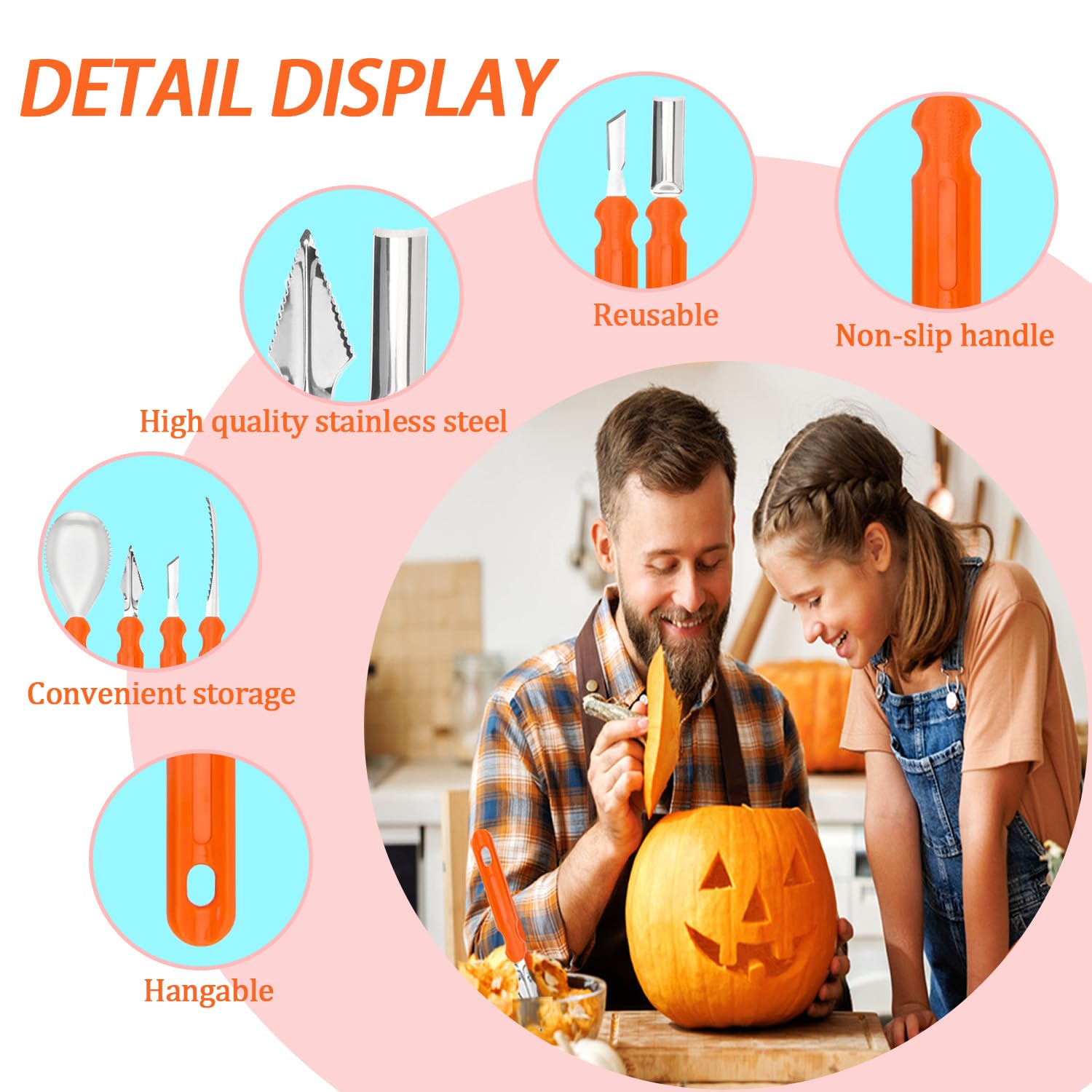 OWill Kit Intaglio Zucca Halloween,7 pezzi Kit Intaglio Zucca Halloween Set Intaglio Zucca in Acciaio,Utensili da Taglio per Scavare Le zucche,facile intagliamento di decorazioni a zucca di Halloween